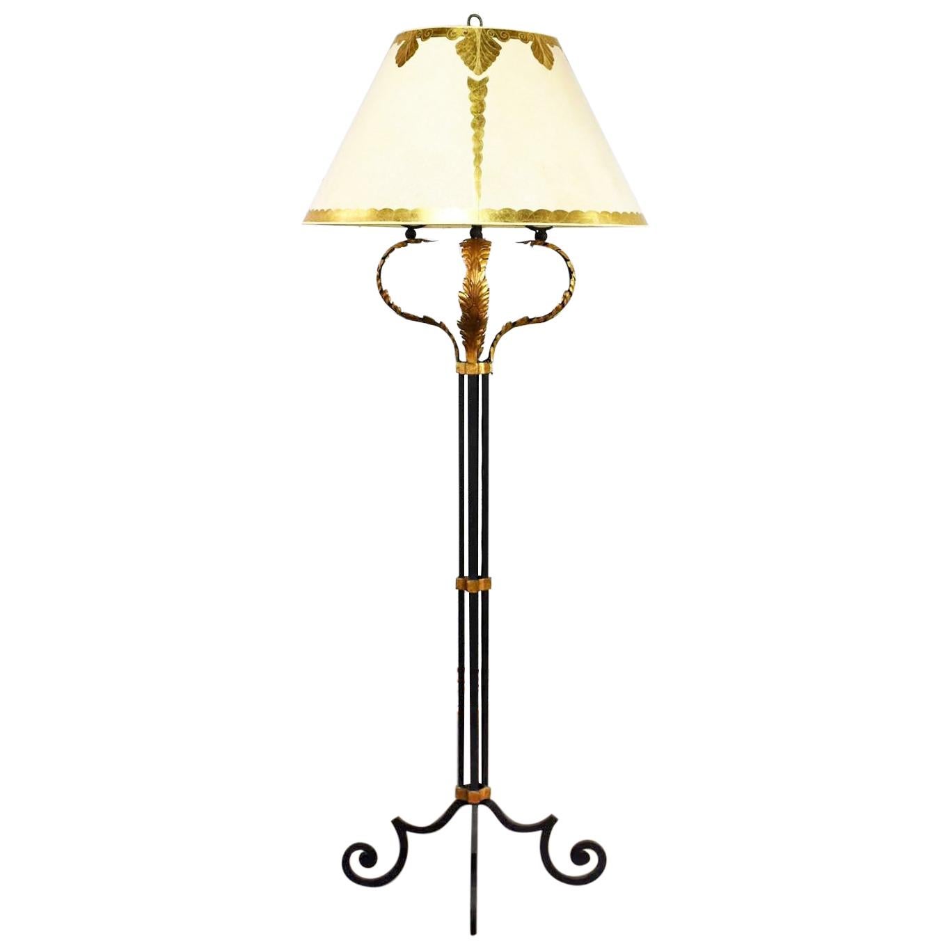 Monumental Neoclassical Iron Floor Lamp Acanthus Leaf Design & Parchment Shade For Sale
