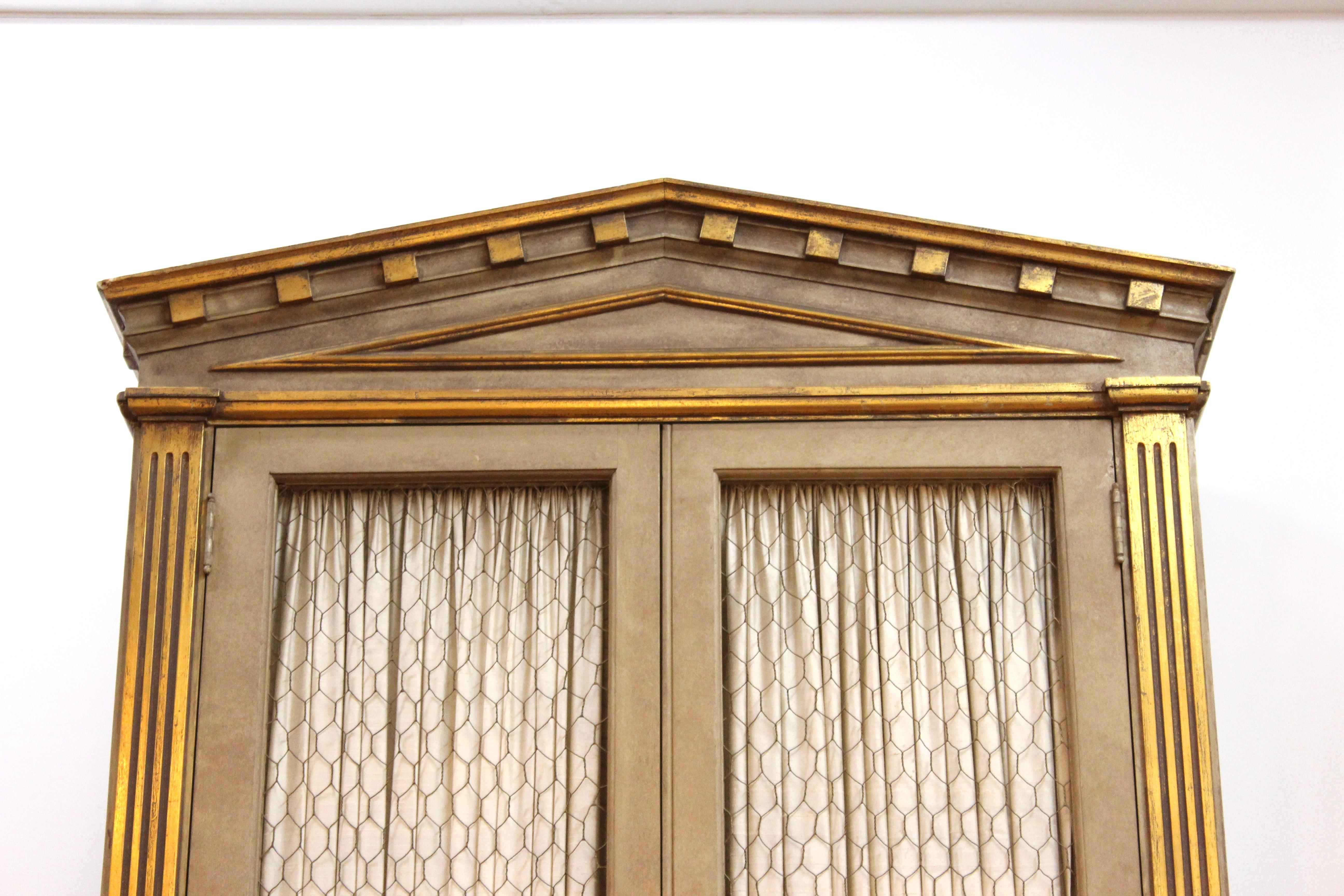 Metal Monumental Neoclassical Revival Style Pedimented Wood Cabinets