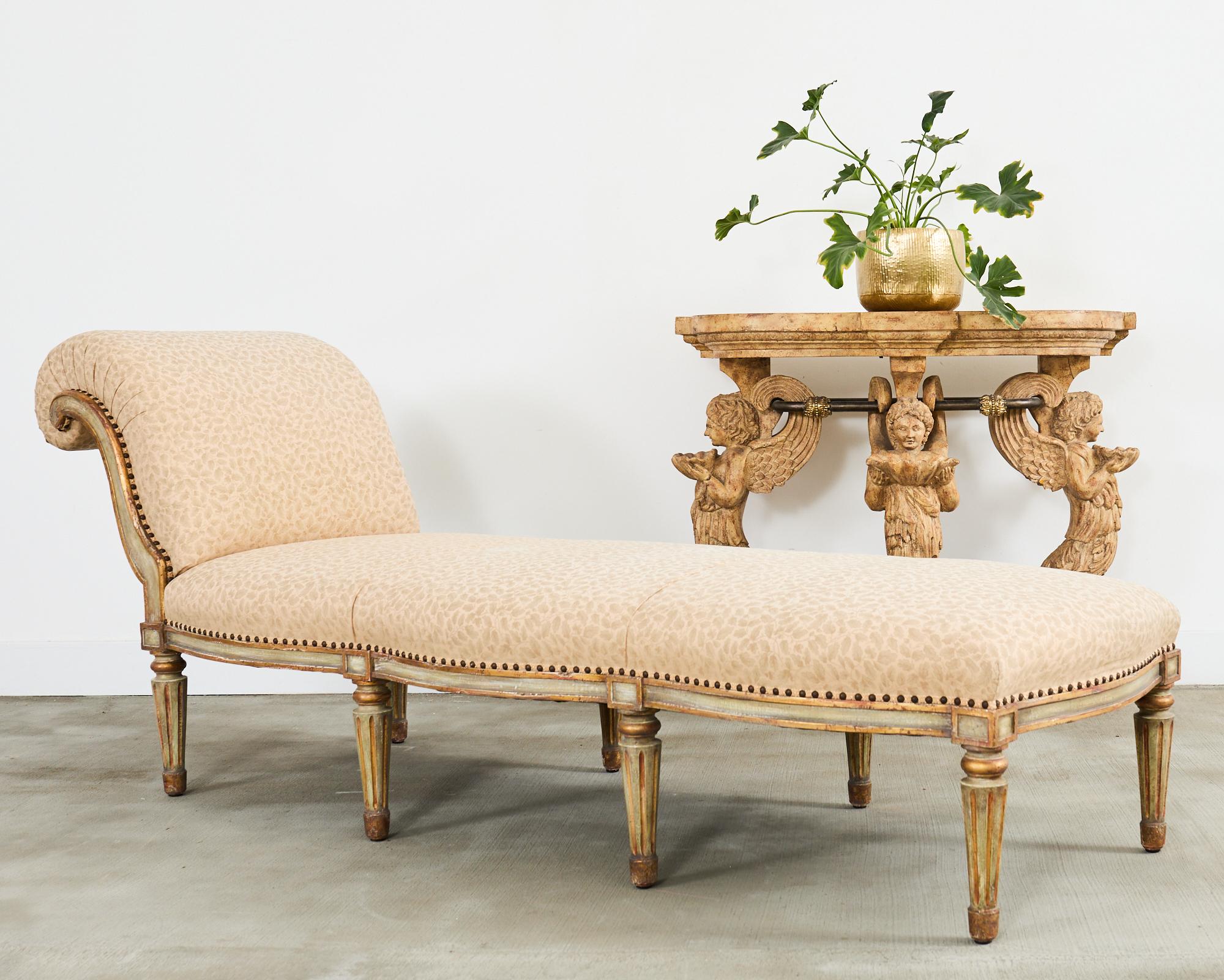 Grand neoclassical style painted chaise longue hand-crafted on a monumental scale by California artisans at Hendrix Allardyce. Bespoke chaise from the Leonard estate in Pacific Palisades owned by Sugar Ray Leonard. Nearly 8 feet long the lounge
