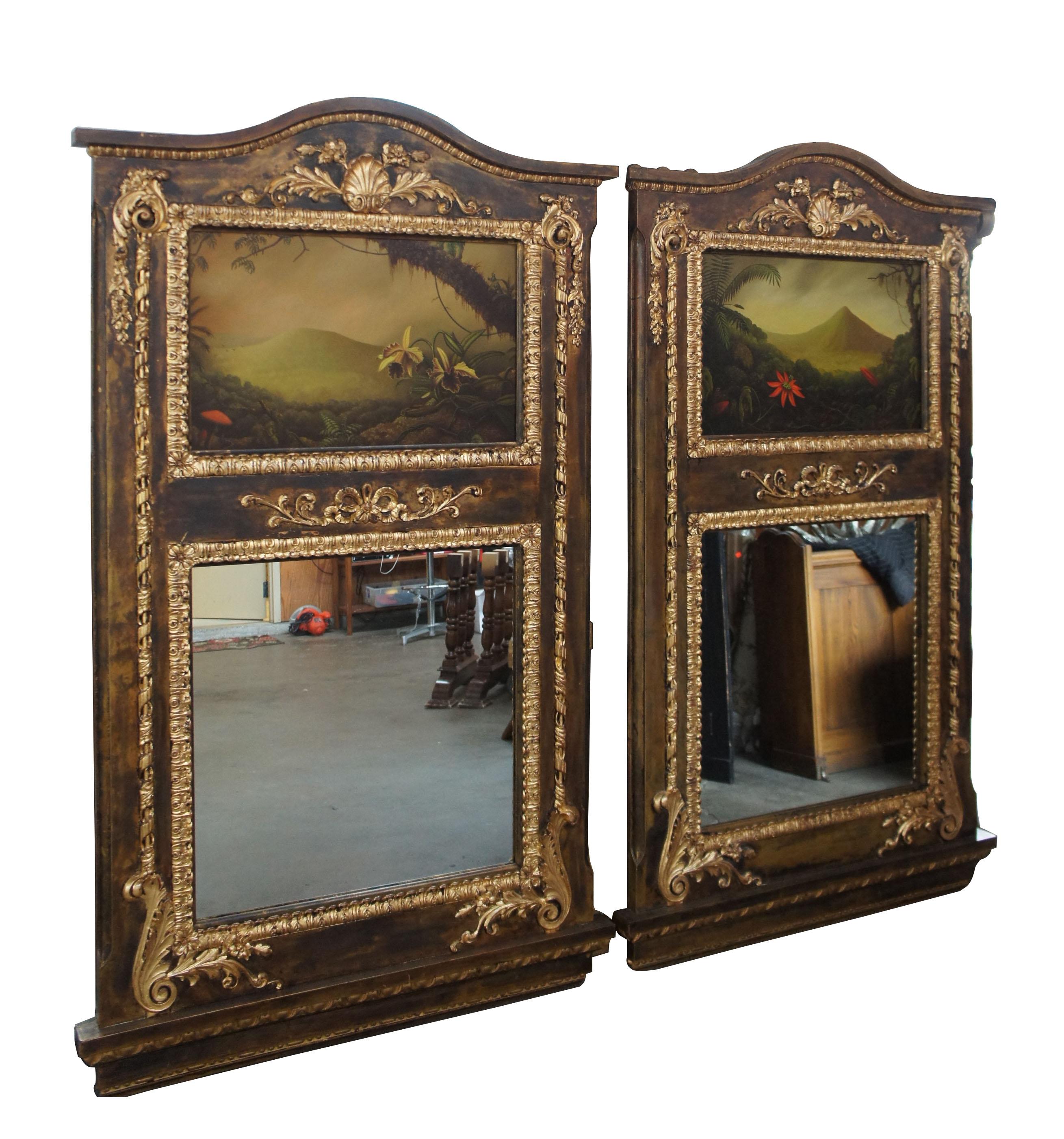Monumental neoclassical wall mirrors with original Peter Edlund oil paintings

A one of a kind pair of handmade French neoclassical inspired wall mirrors. Meticulously detailed with a hand painted finish, low relief flourishes and Original Peter