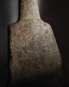Monumental Neolithic Greywacke Toki Blade with Handle on Stand