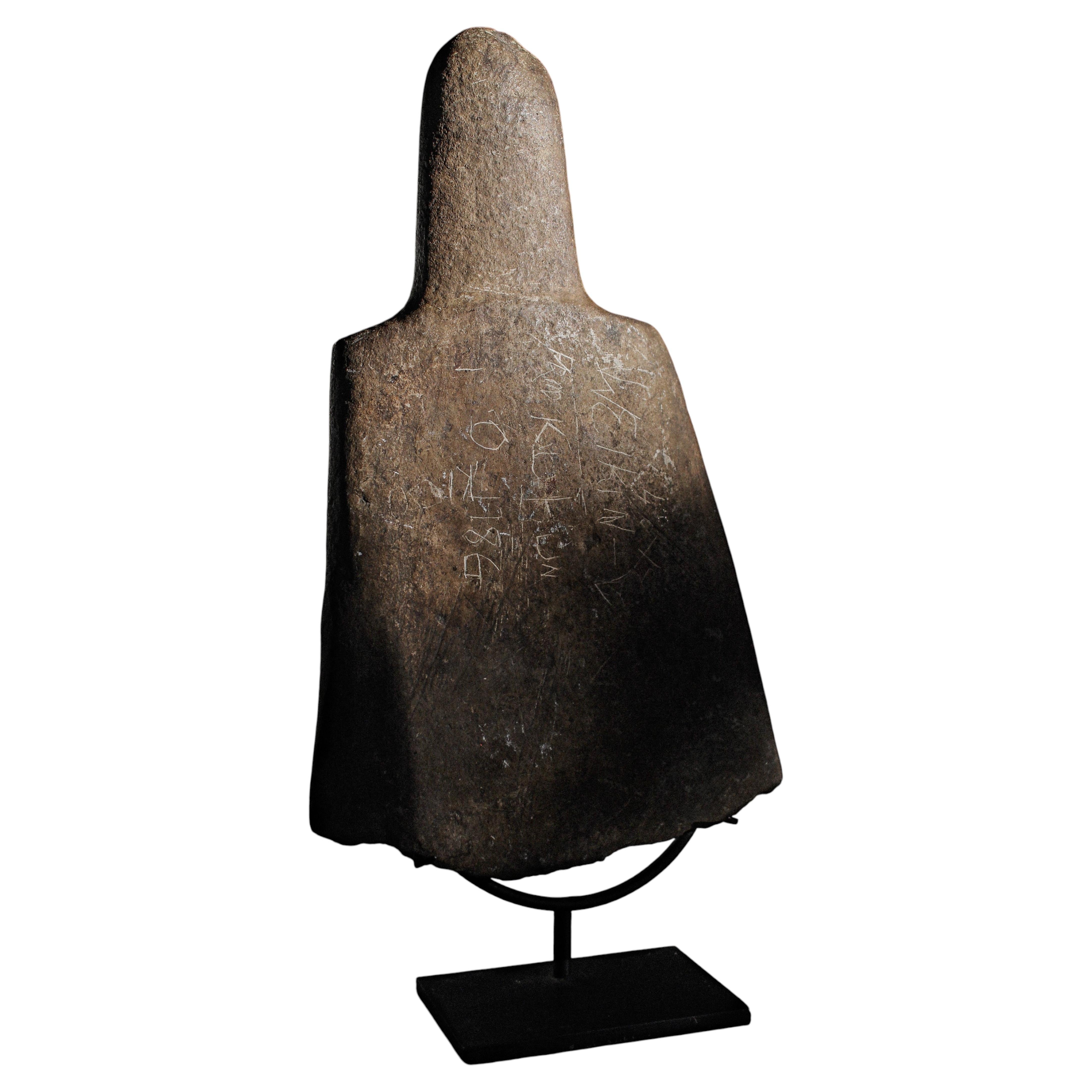 Monumental Neolithic Greywacke Toki Blade with Handle on Stand For Sale