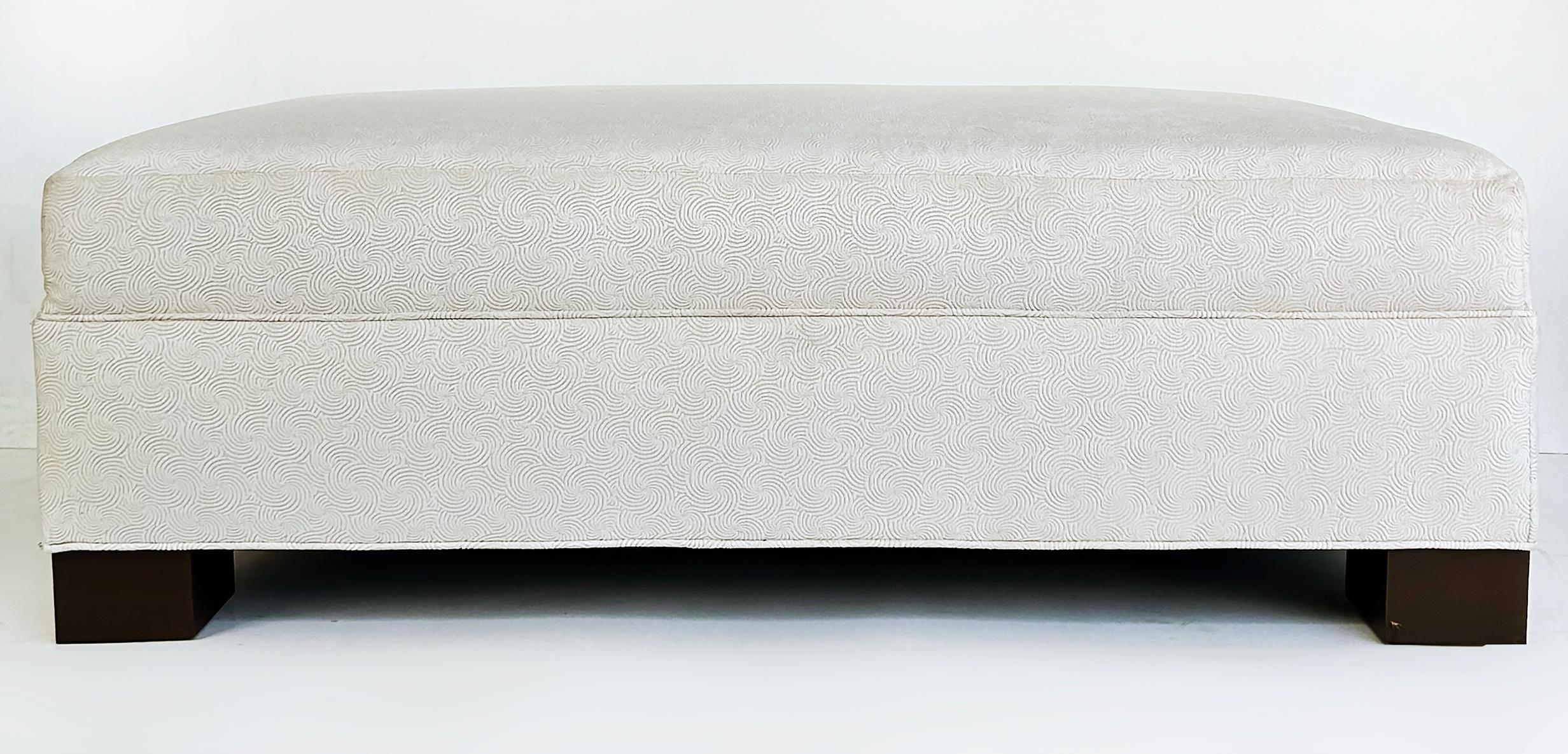 Monumental Newly Upholstered  Ottoman Pouf,  Ebonized Wood Feet

Offered for sale is a very large newly upholstered ottoman or pouf with ebonized square wood feet.  This lovely ottoman is upholstered in an elegant neutral fabric.