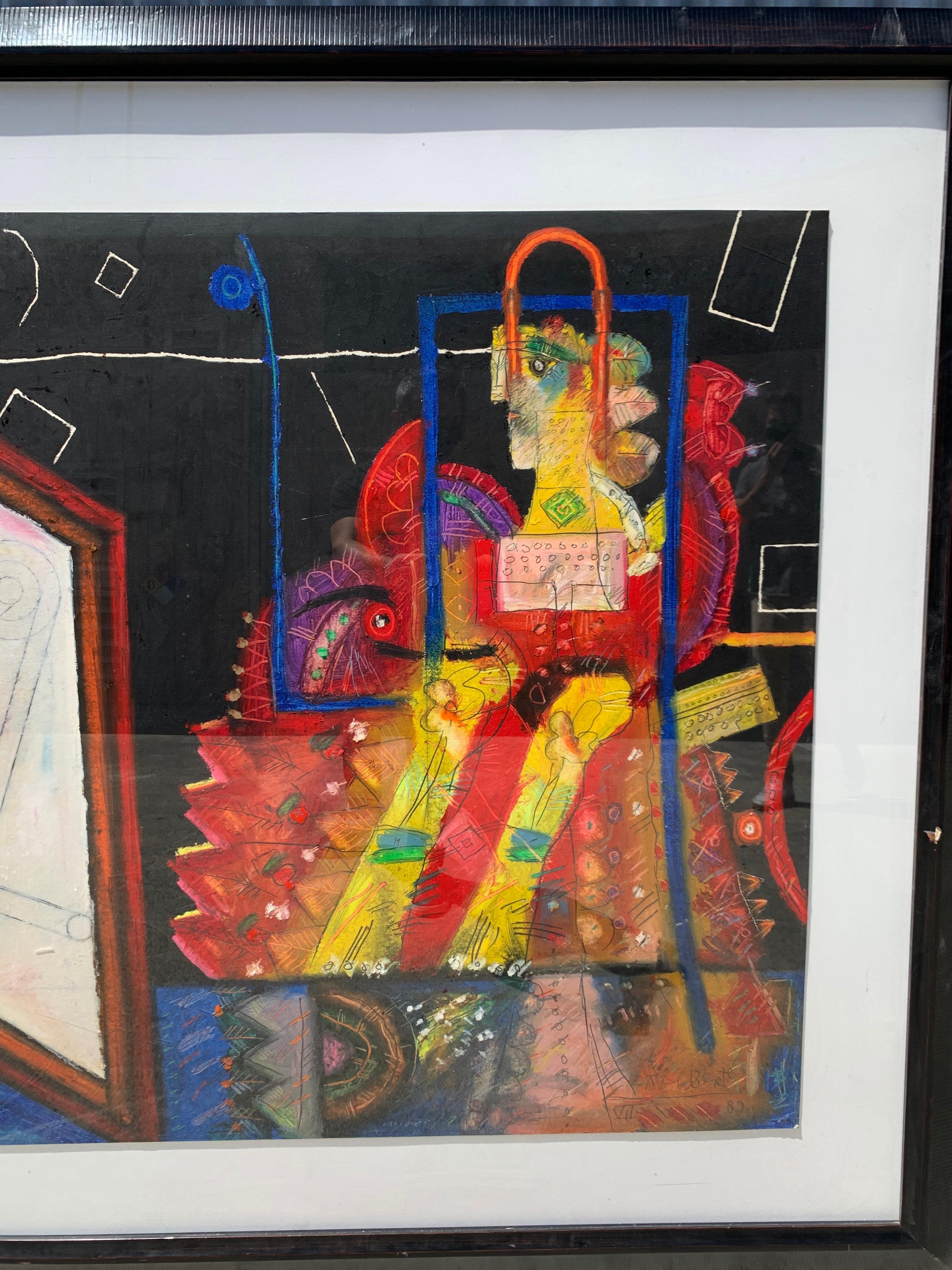 Saisissante peinture mixte sur panneau de l'artiste canadien français Norman Lalibertè. Un personnage aux couleurs vives et richement vêtu de rouges et de jaunes est assis sur un fond noir face à un élément géométrique abstrait évoquant les pochoirs