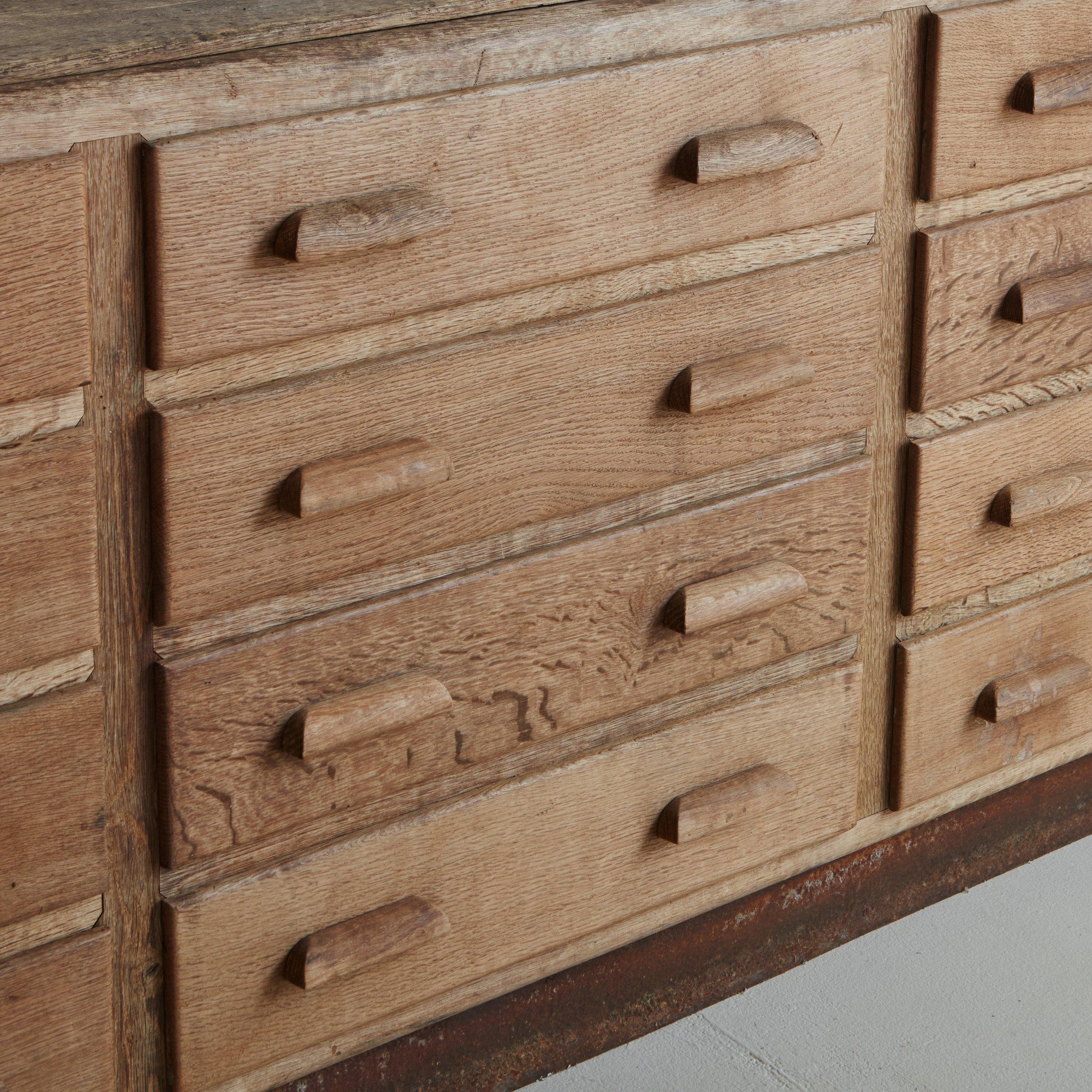 Mid-20th Century Monumental Oak Cabinet or Counter with 16 Drawers, Belgium 1940s For Sale