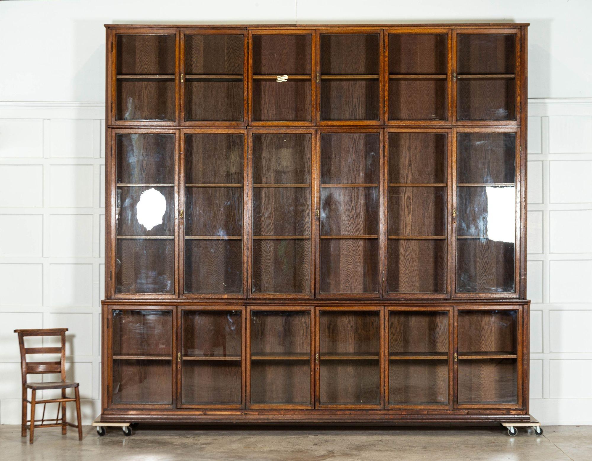 19th Century Monumental Oak Glazed Haberdashery Bookcase Cabinet For Sale