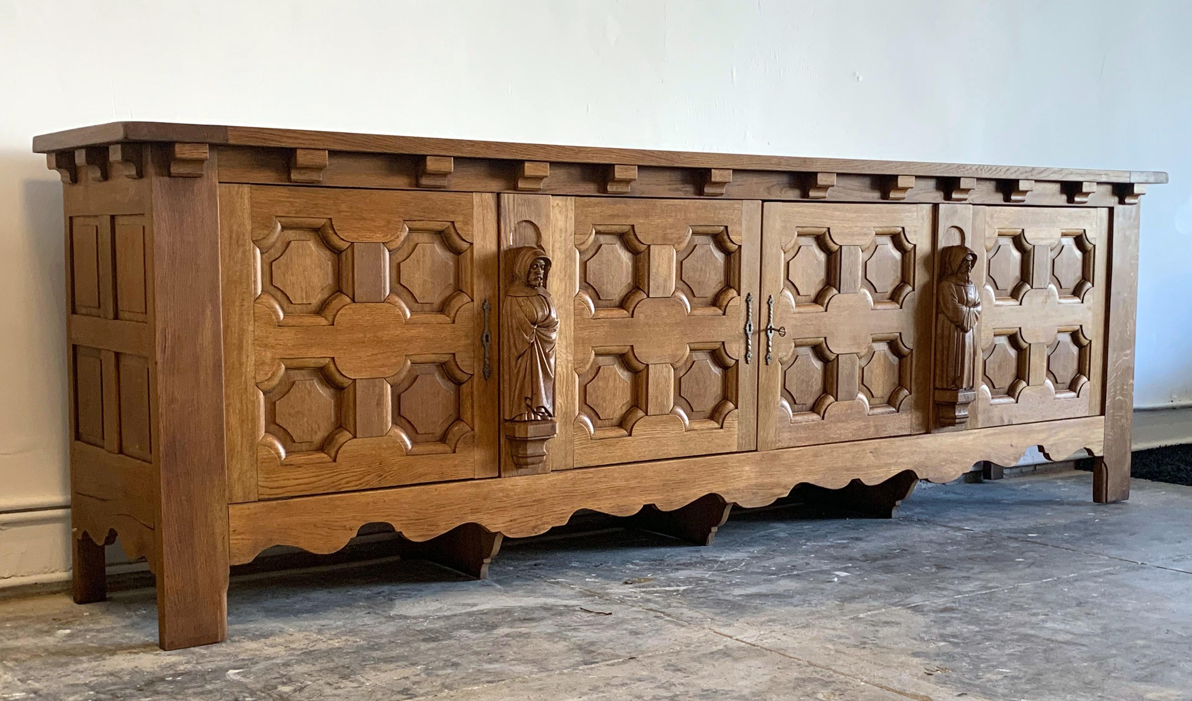 Monumental Oak Mission Colonial Style Hand Carved Priest Sideboard 1