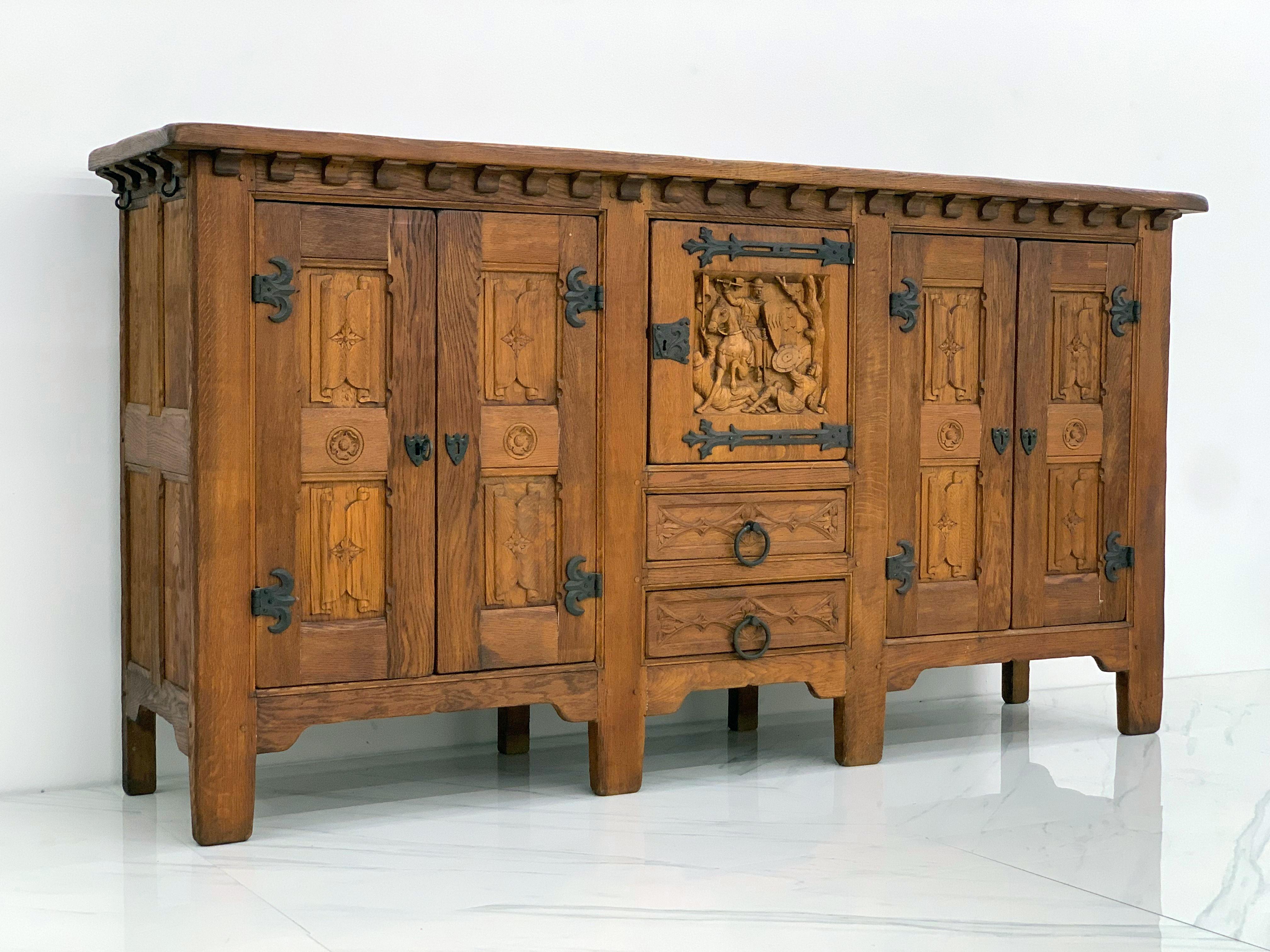Monumental Oak Mission Colonial Style Hand Carved Sideboard 3
