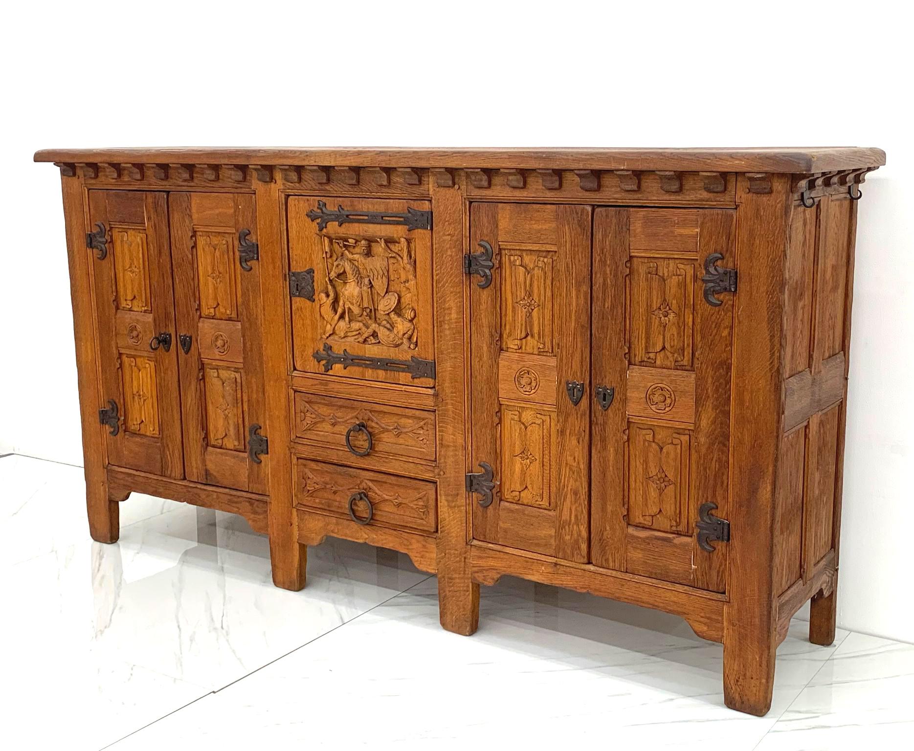Hand-Carved Monumental Oak Mission Colonial Style Hand Carved Sideboard