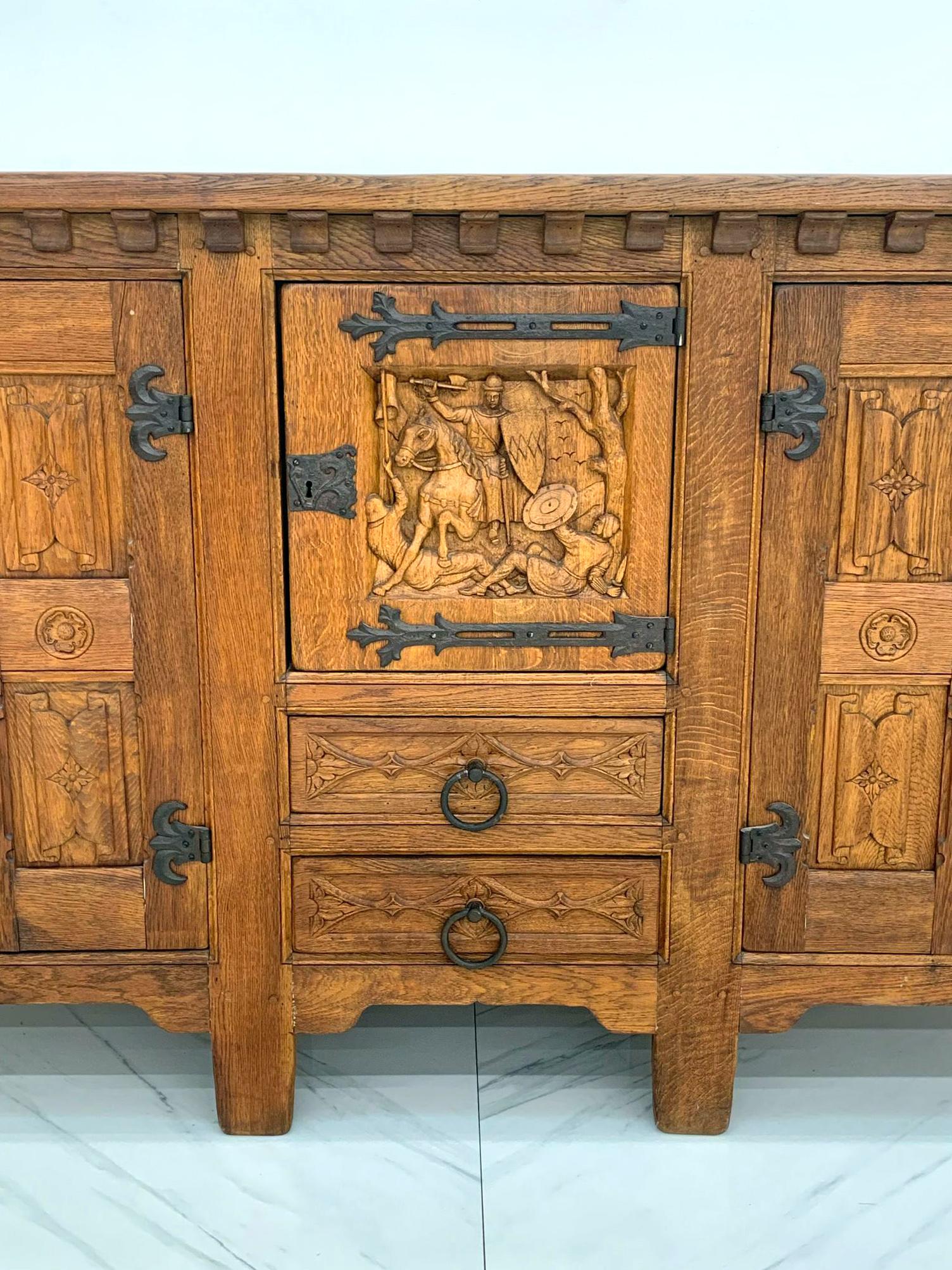 Monumental Oak Mission Colonial Style Hand Carved Sideboard In Good Condition In Culver City, CA