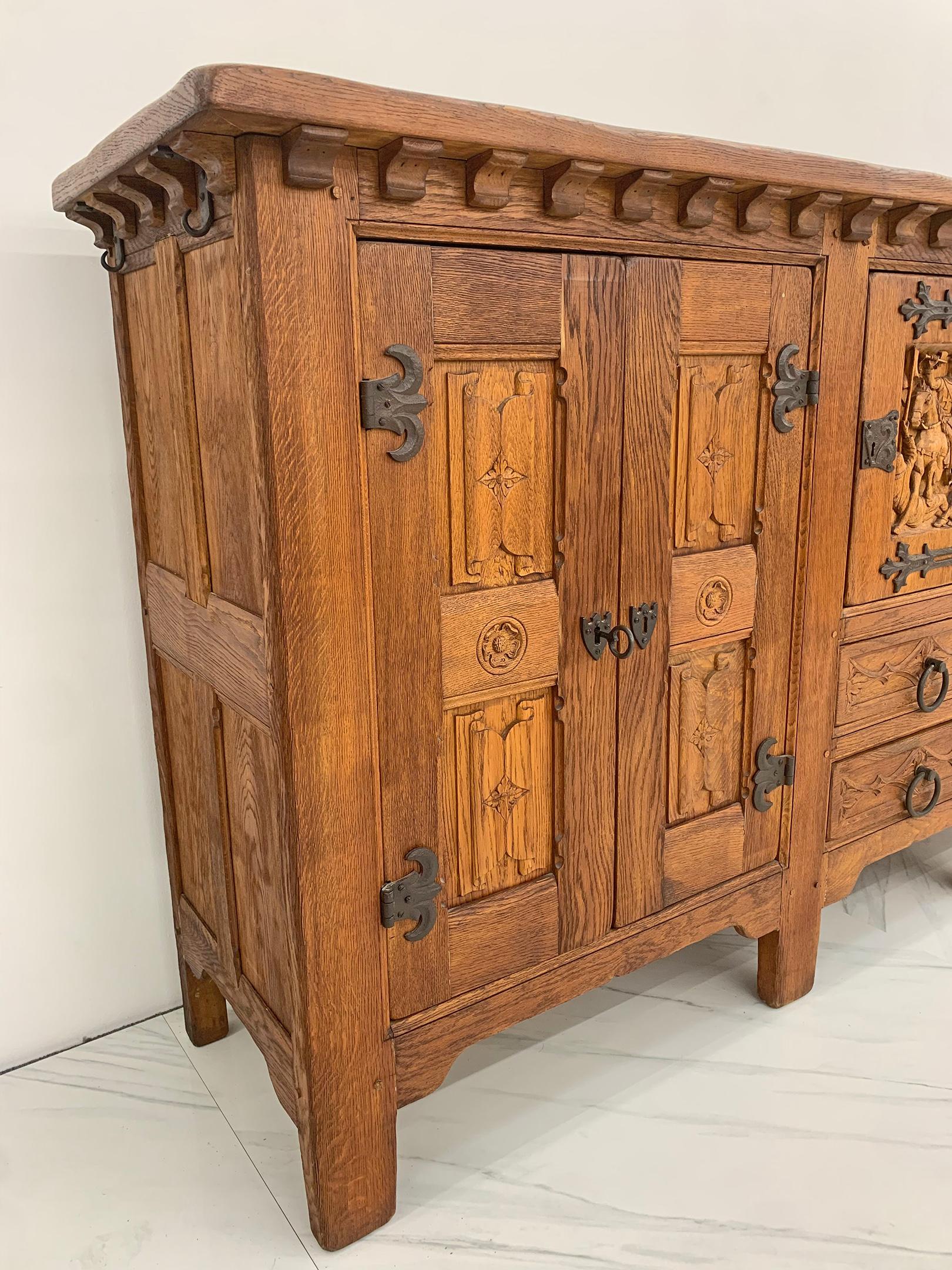 Monumental Oak Mission Colonial Style Hand Carved Sideboard 2