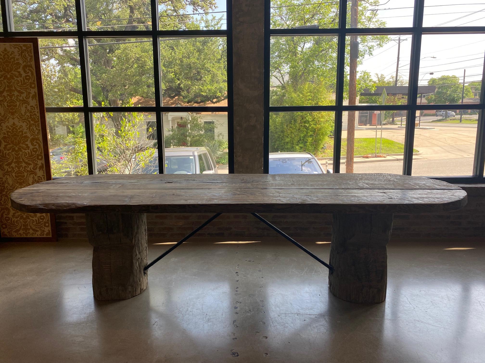 Contemporary 10' Monumental Oak Slab Double Pedestal Dining Table, France