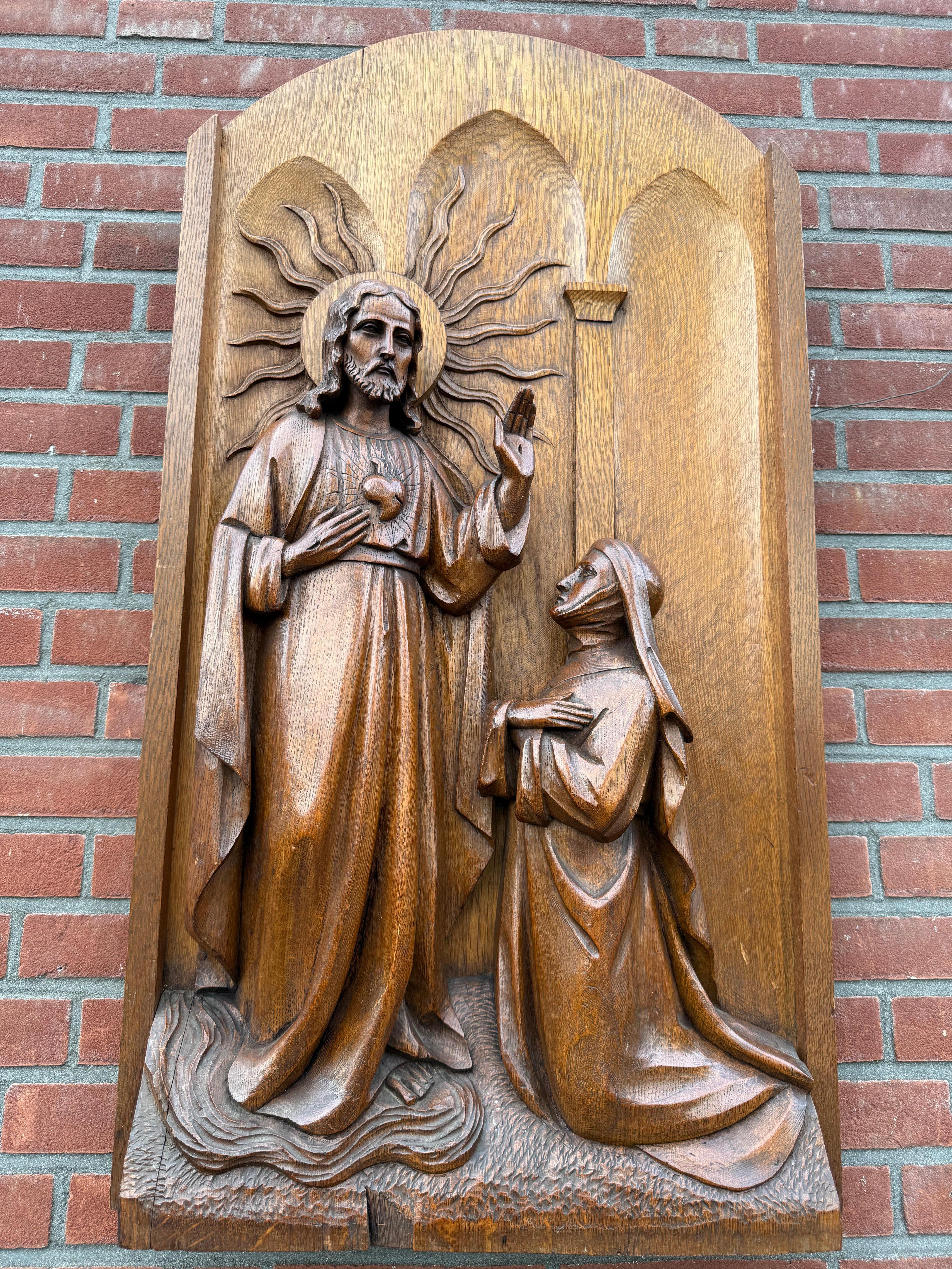 Rilievo monumentale religioso in legno di quercia, Sacro Cuore di Gesù e Santa Margherita Maria in vendita 5