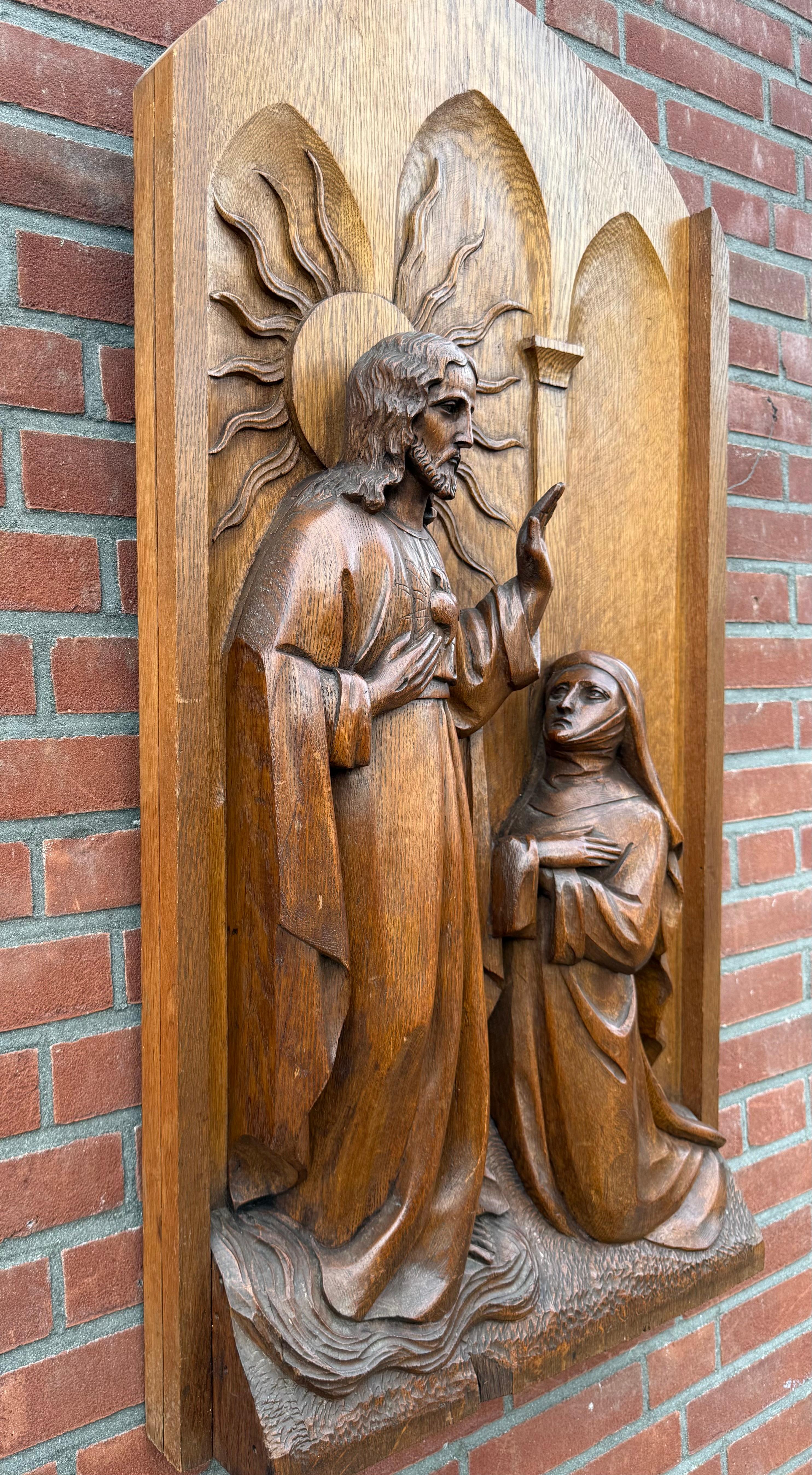 Rilievo monumentale religioso in legno di quercia, Sacro Cuore di Gesù e Santa Margherita Maria in vendita 6