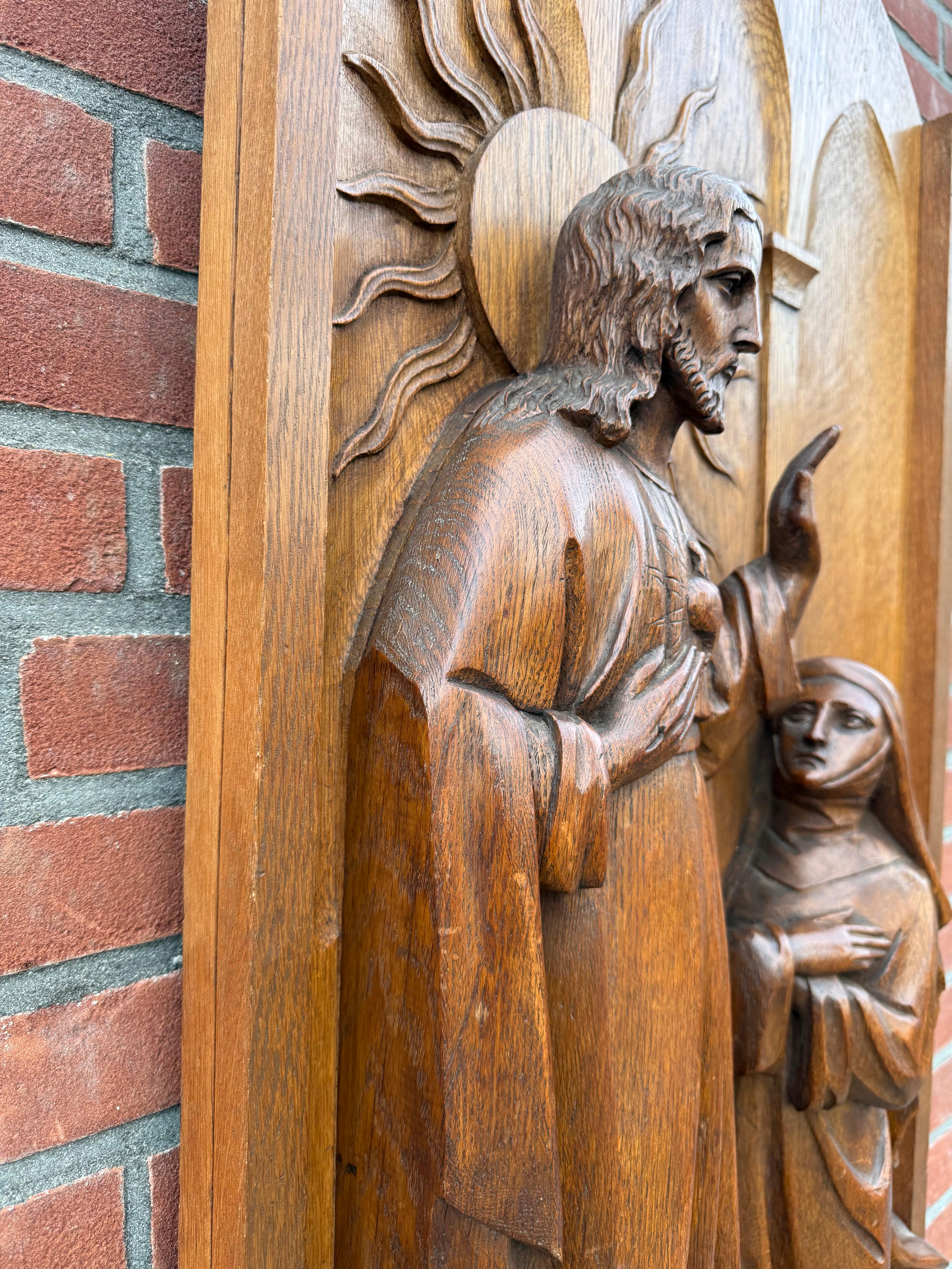 Rilievo monumentale religioso in legno di quercia, Sacro Cuore di Gesù e Santa Margherita Maria in vendita 7