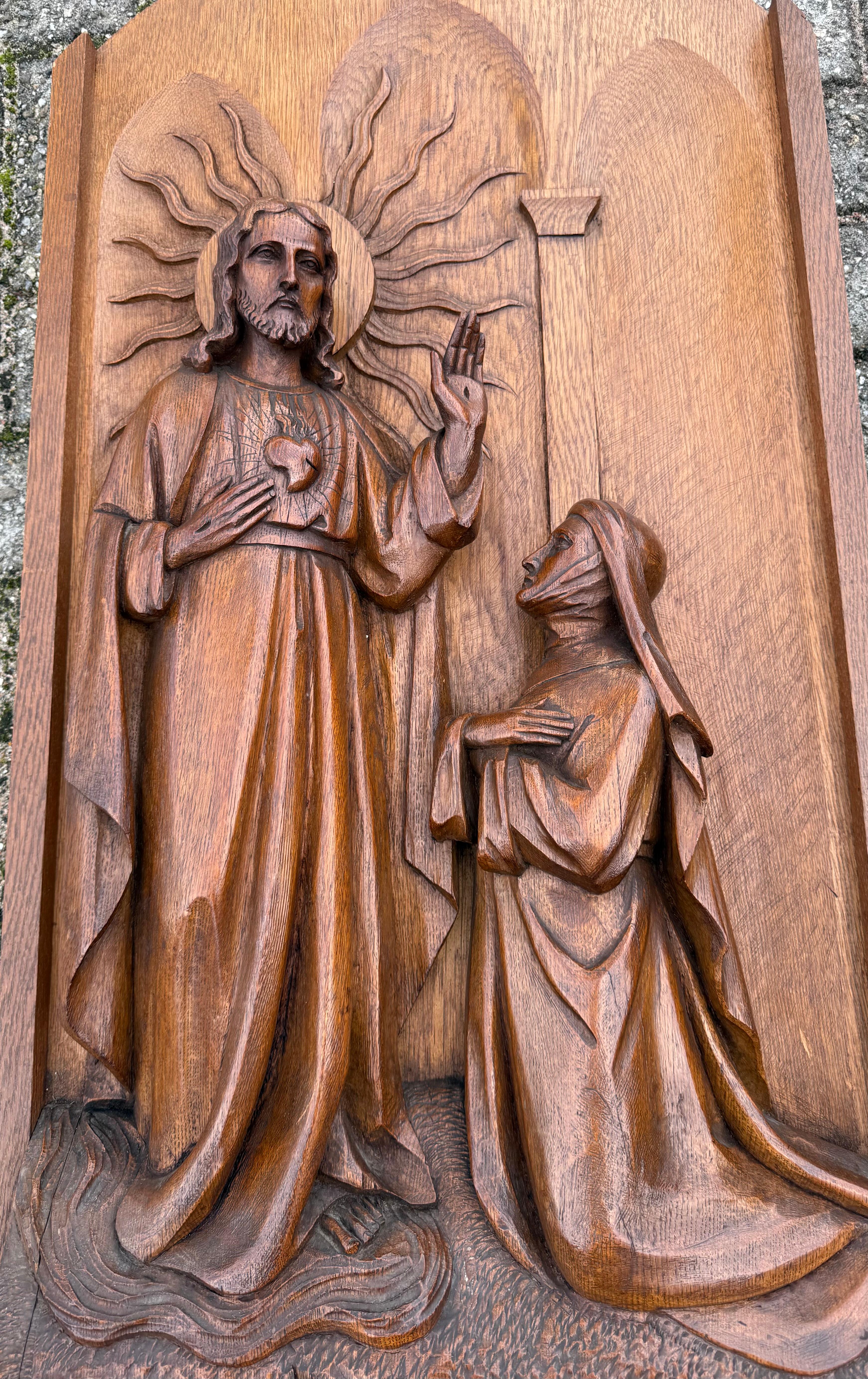 Rilievo monumentale religioso in legno di quercia, Sacro Cuore di Gesù e Santa Margherita Maria in vendita 12