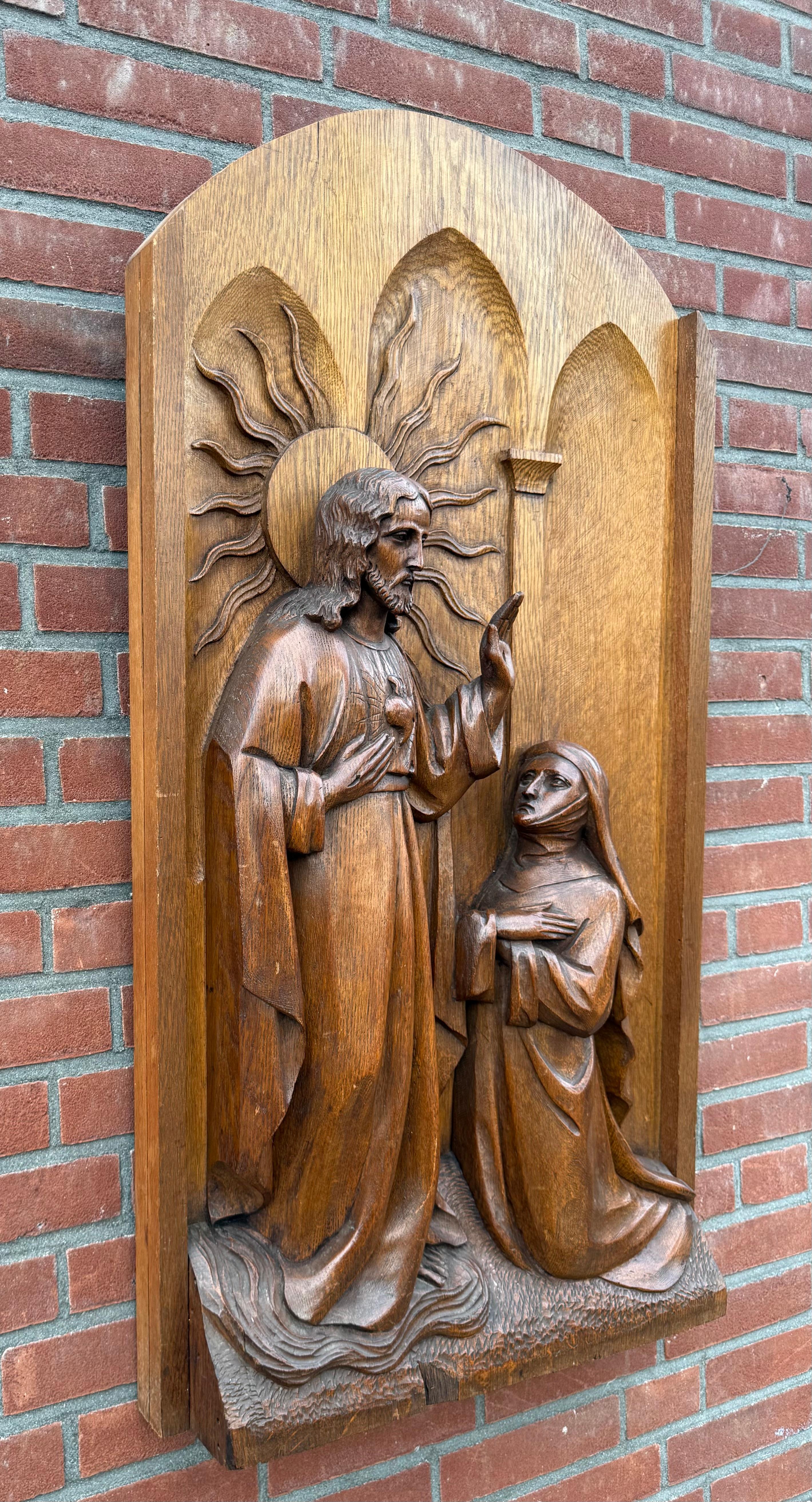 Rilievo monumentale religioso in legno di quercia, Sacro Cuore di Gesù e Santa Margherita Maria In condizioni buone in vendita a Lisse, NL