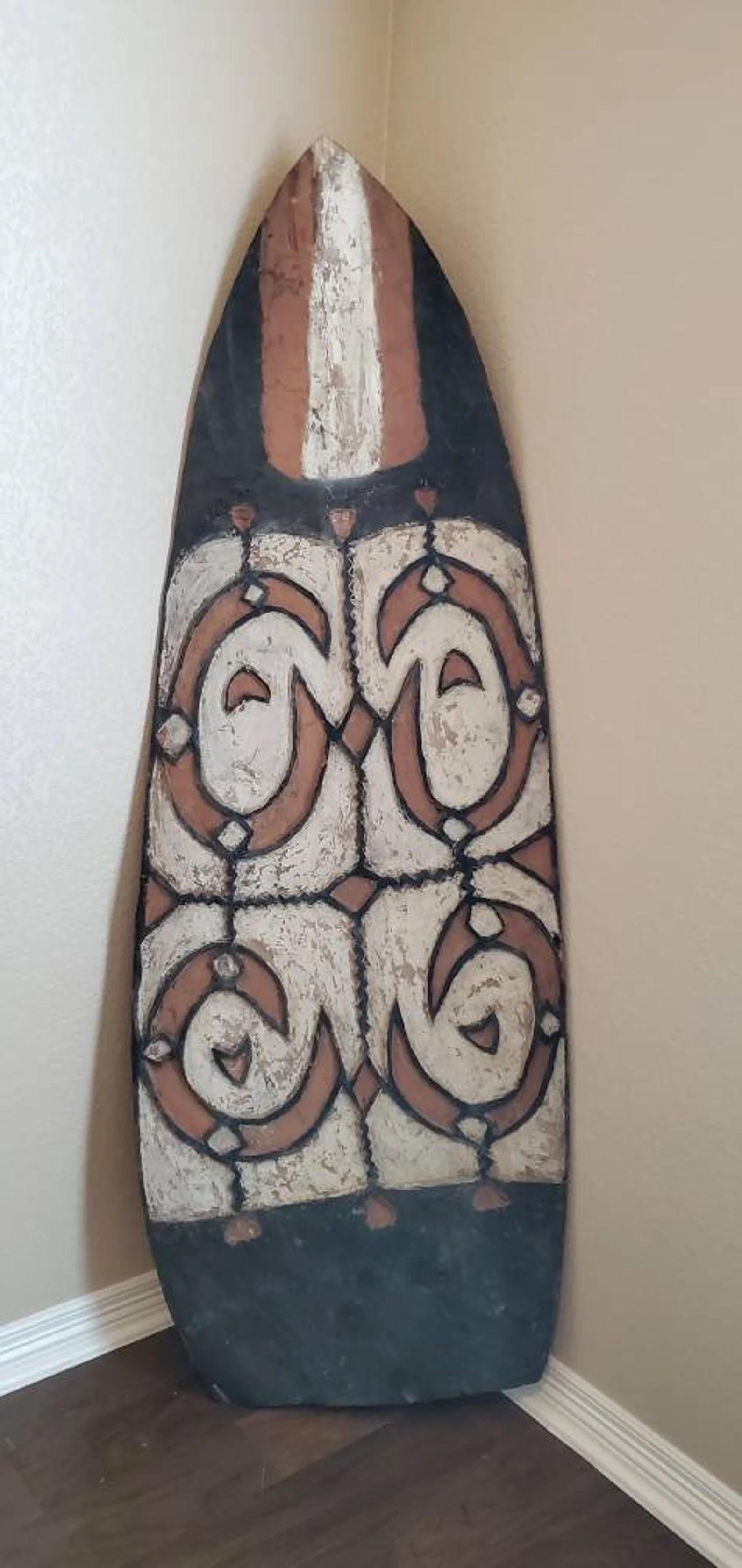 Papua New Guinean Monumental Oceanic Asmat People Carved Painted Wooden War Shield For Sale