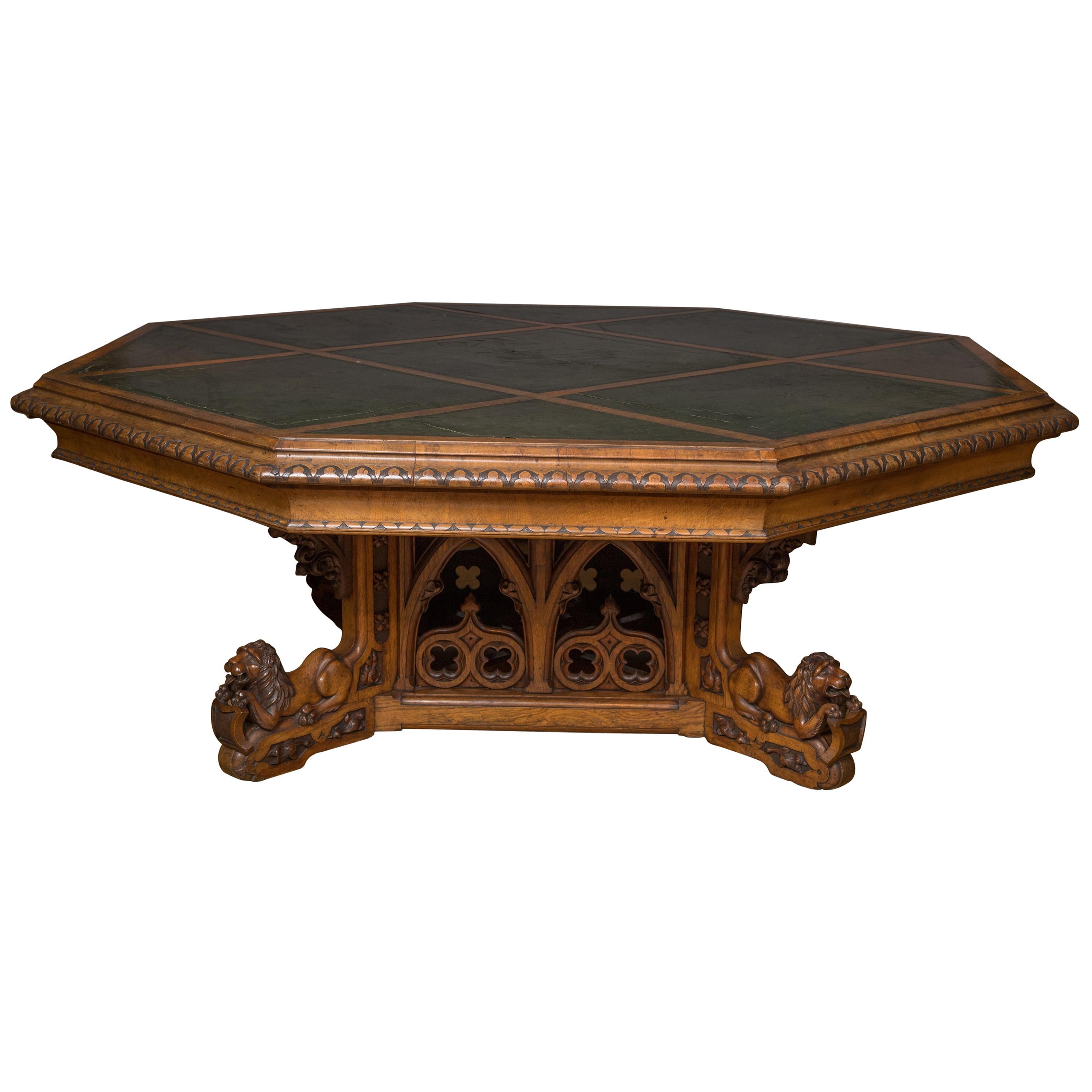 Monumental Octagonal Brown Oak Library Table, circa 1850 For Sale