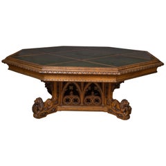 Antique Monumental Octagonal Brown Oak Library Table, circa 1850