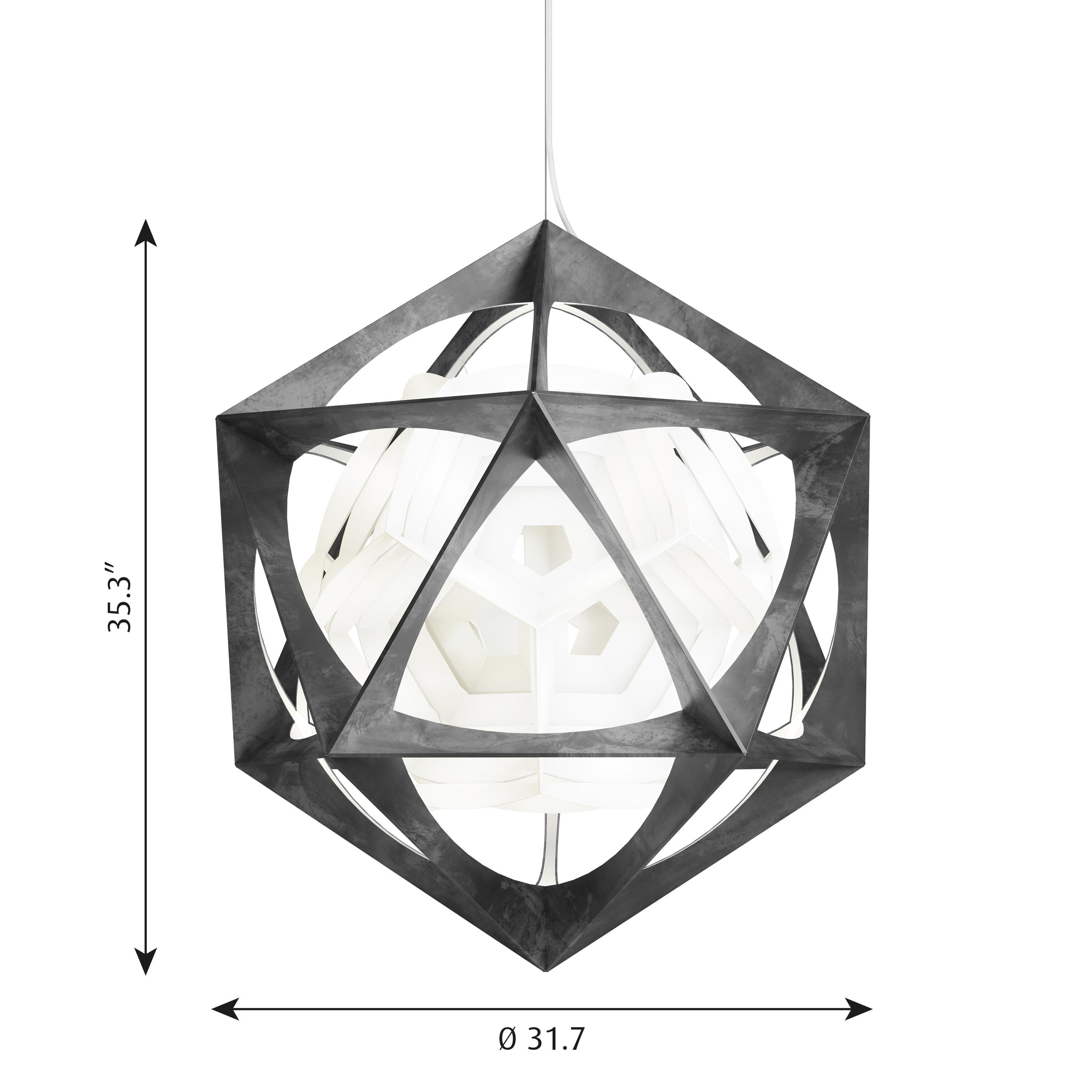 Monumental 'Oe Quasi Light' by Olafur Eliasson for Louis Poulsen. The chandelier has simple but complex interlayering of geometric shapes that may occur in nature. The exterior aluminum frame is an icosahedron shape with 12 LEDs embedded in the
