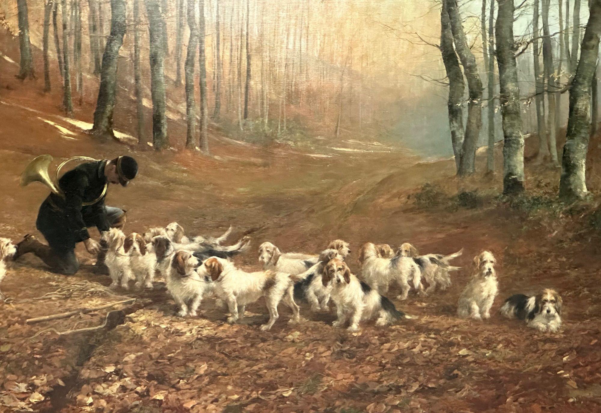 Monumental Oil Canvas, Georges Henri Fauvel, Hunting Dogs with Master, 19th Cent For Sale 6