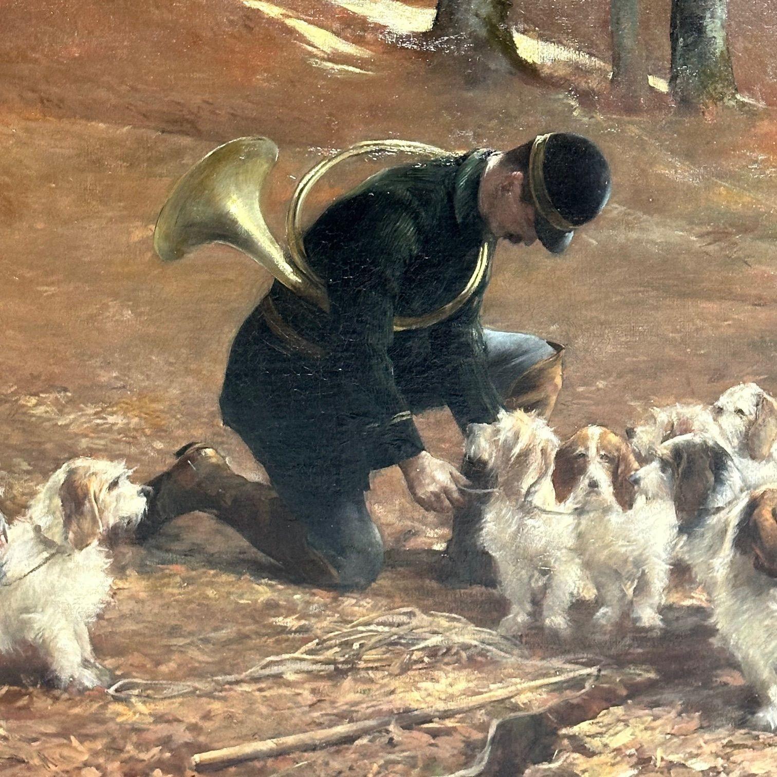 Monumental Oil Canvas, Georges Henri Fauvel, Hunting Dogs with Master, 19th Cent For Sale 7