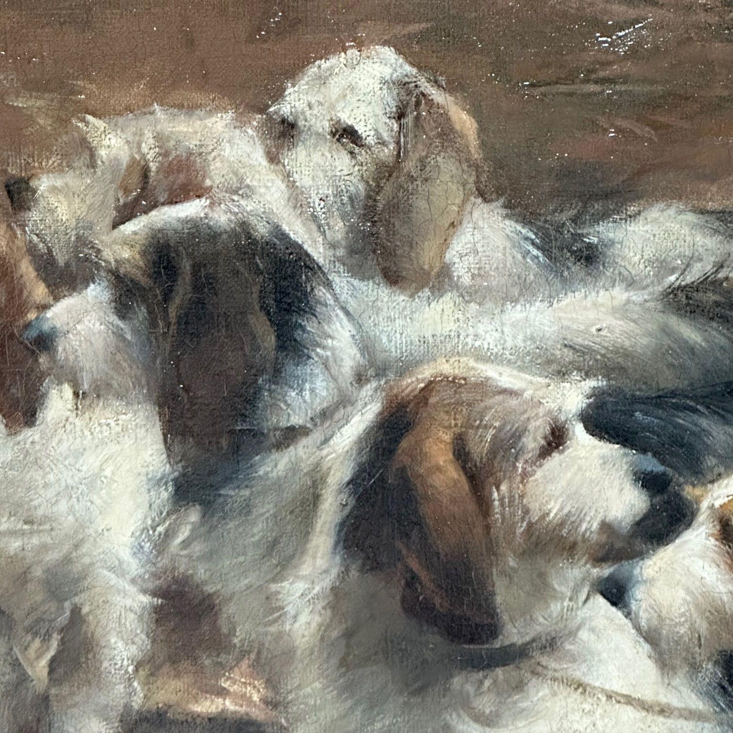 Monumental Oil Canvas, Georges Henri Fauvel, Hunting Dogs with Master, 19th Cent For Sale 11