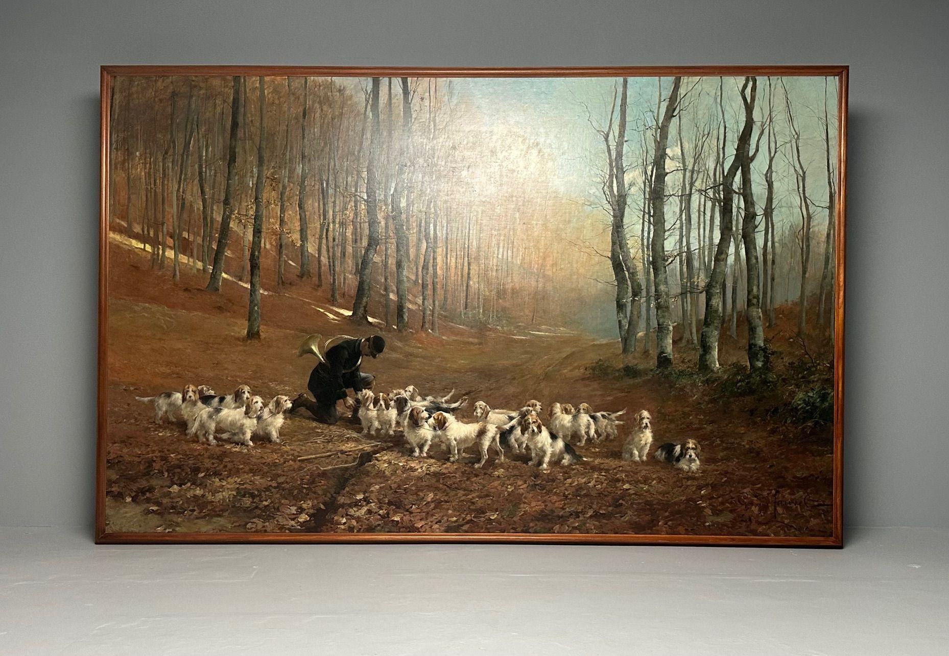 Monumentale Ölgemälde Leinwand, Georges Henri Fauvel, Jagdhunde mit Meister, 19. Jahrhundert

Ein sehr großes und beeindruckendes Gemälde hängen 139 von 89 Zoll mit einer Gruppe von fein detaillierten Jagdhunde von ihrem Herrn in der Jagd geführt.