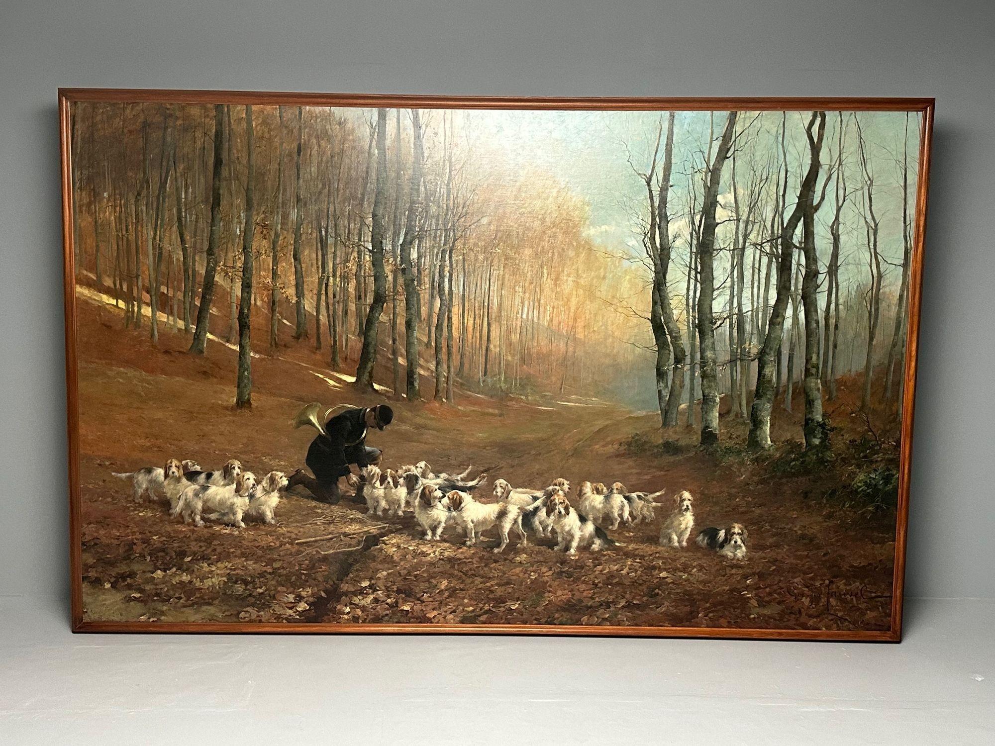 Monumental Oil Canvas, Georges Henri Fauvel, Hunting Dogs with Master, 19th Cent In Good Condition For Sale In Stamford, CT