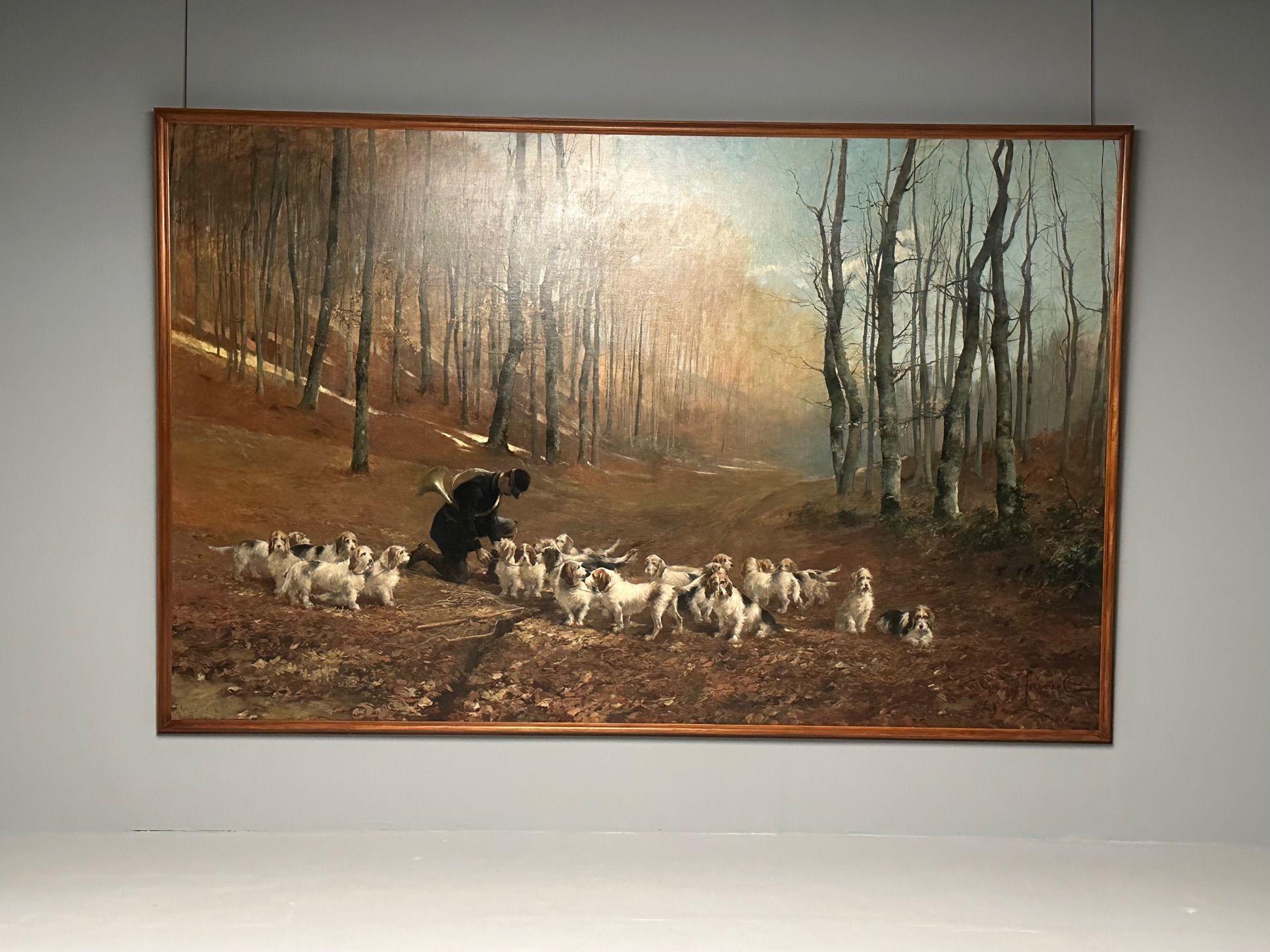 19th Century Monumental Oil Canvas, Georges Henri Fauvel, Hunting Dogs with Master, 19th Cent For Sale