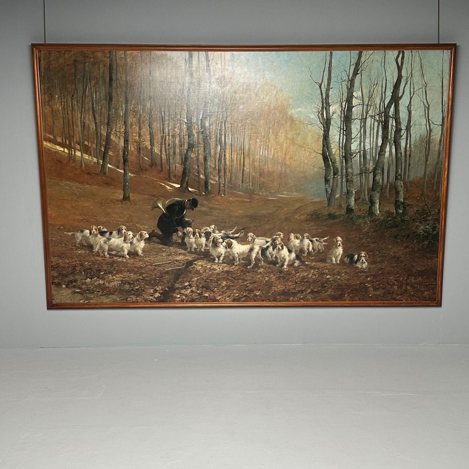 Monumental Oil Canvas, Georges Henri Fauvel, Hunting Dogs with Master, 19th Cent For Sale 1