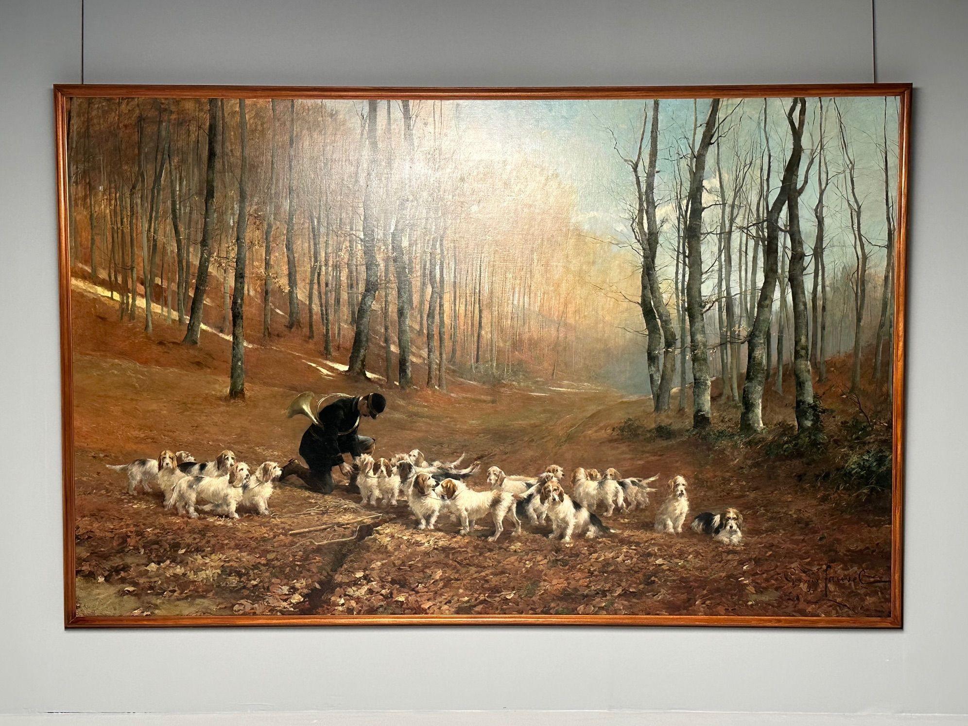 Monumental Oil Canvas, Georges Henri Fauvel, Hunting Dogs with Master, 19th Cent For Sale 2