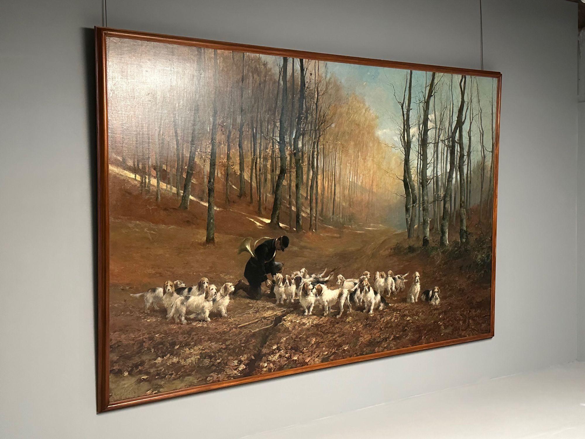 Monumental Oil Canvas, Georges Henri Fauvel, Hunting Dogs with Master, 19th Cent For Sale 3