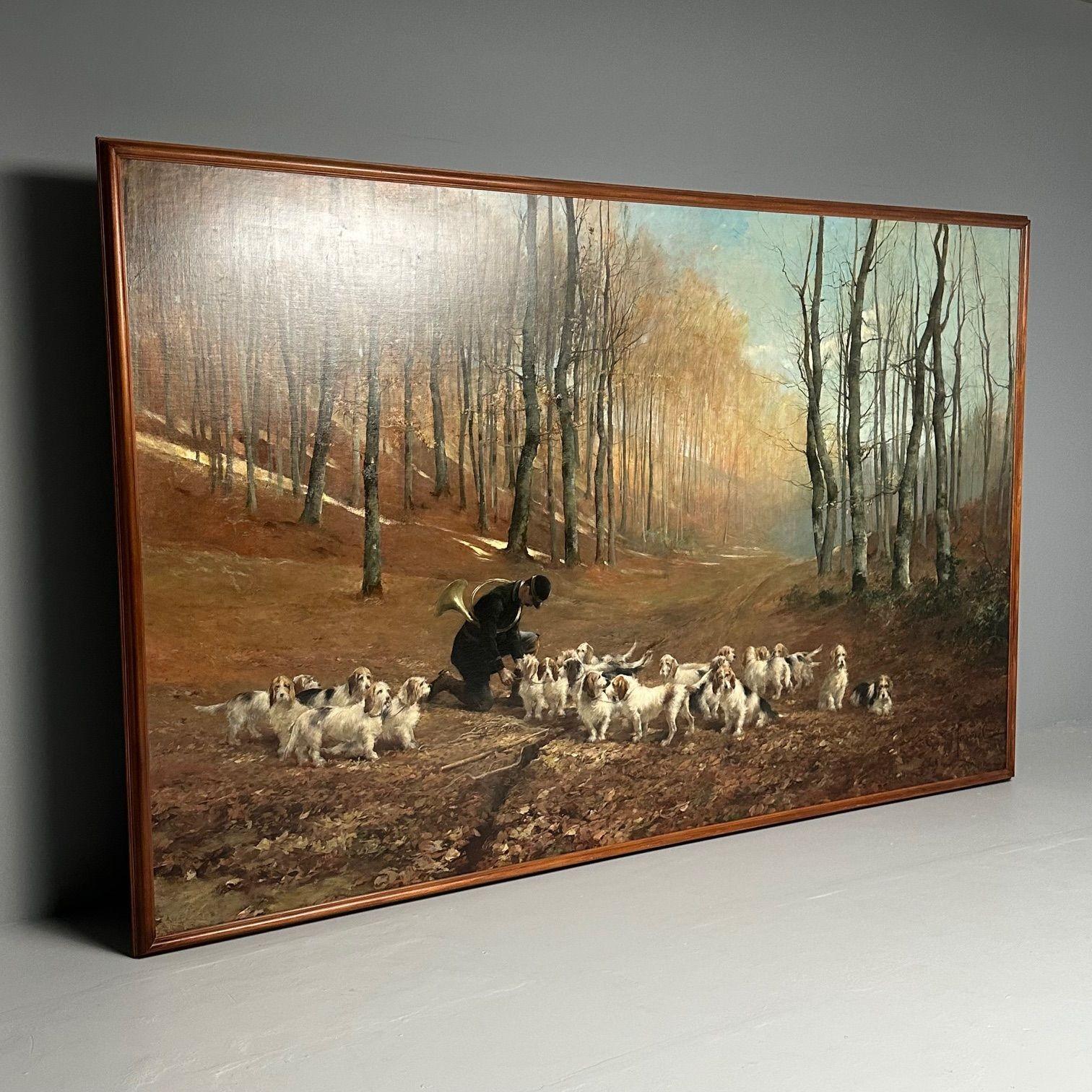 Monumental Oil Canvas, Georges Henri Fauvel, Hunting Dogs with Master, 19th Cent For Sale 4