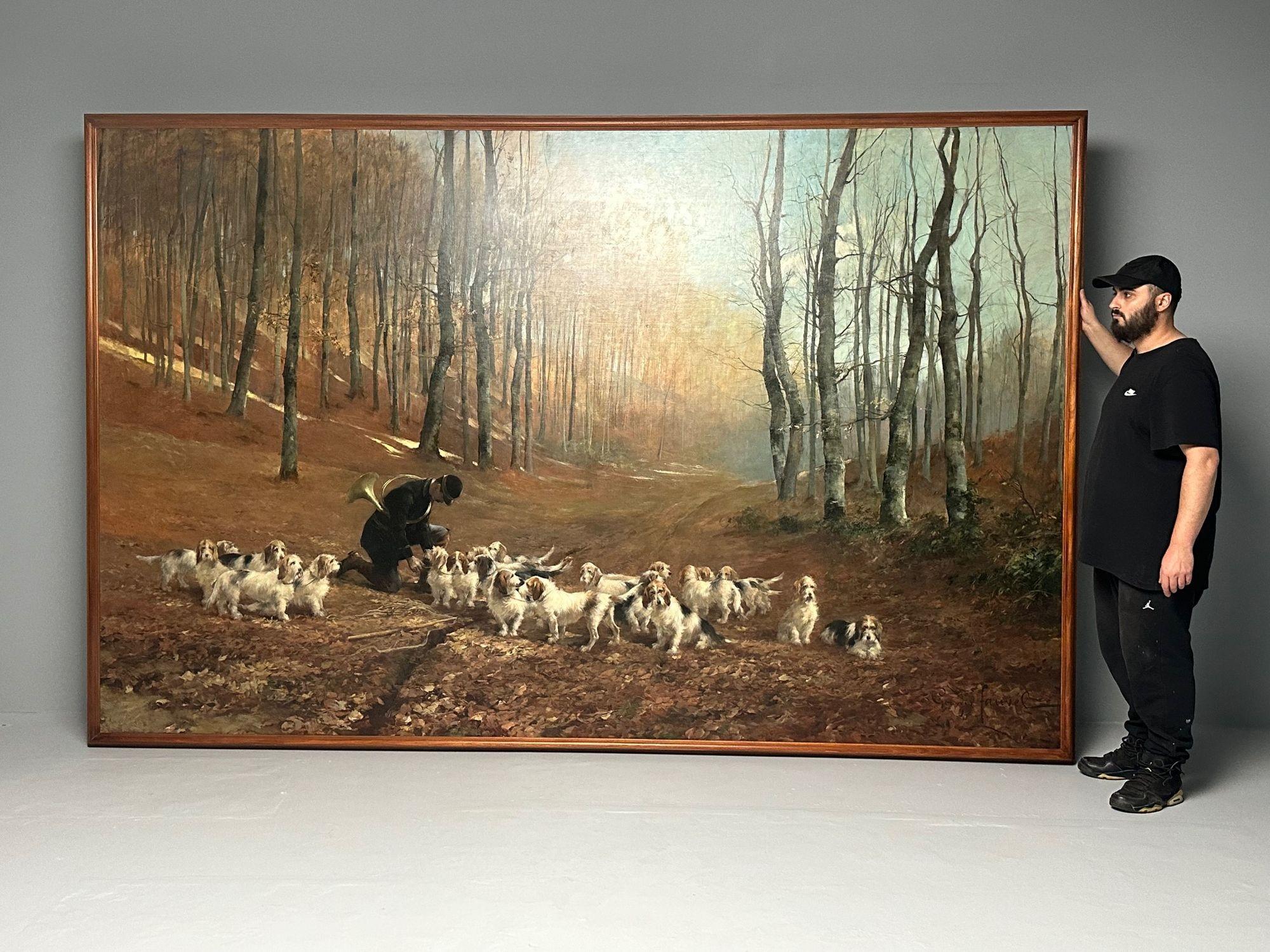 Monumental Oil Canvas, Georges Henri Fauvel, Hunting Dogs with Master, 19th Cent For Sale 5
