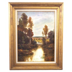 Monumental Oil Landscape Painting in Ornate Gilded Frame Signed by Henry Kim