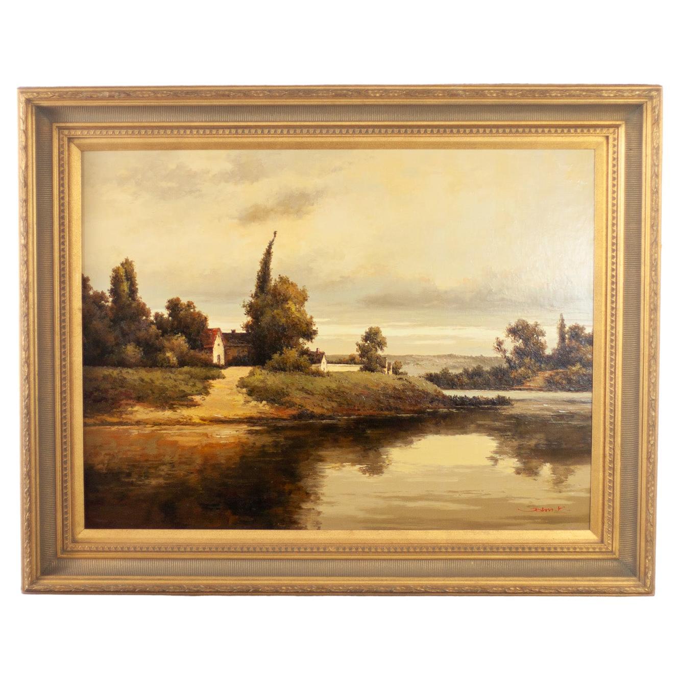 Monumental Oil Landscape Painting in Ornate Gilded Frame Signed by John K.