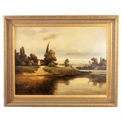 Monumental Oil Landscape Painting in Ornate Gilded Frame Signed by John K.