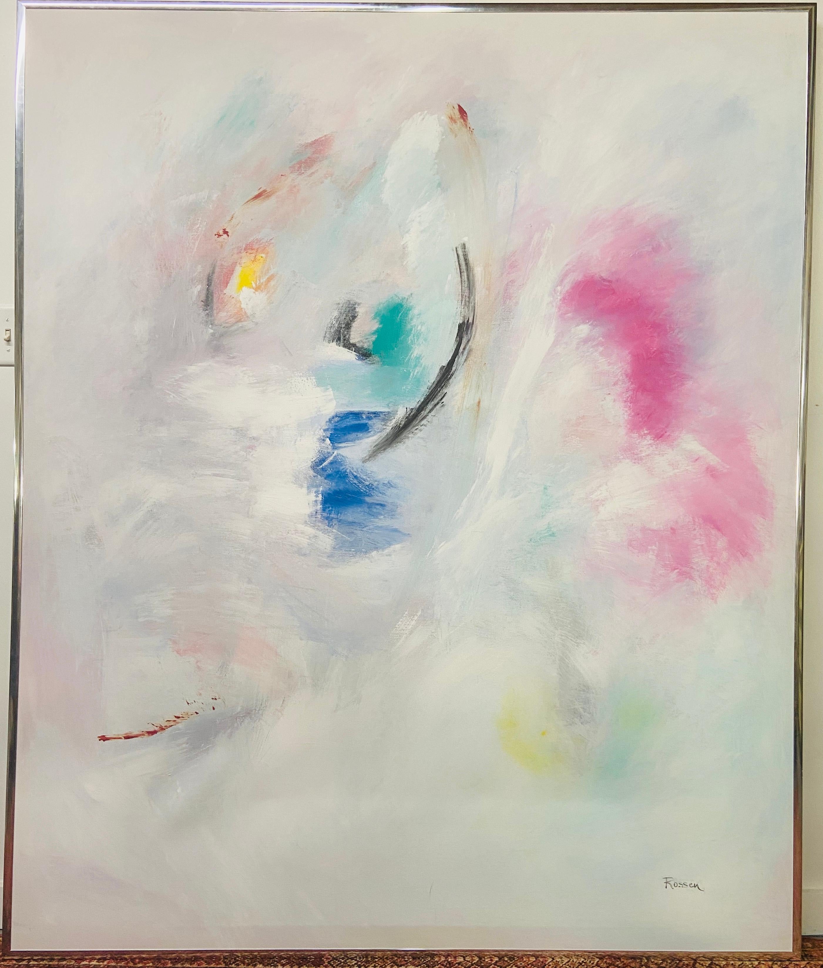 Monumental Oil on Canvas Abstract Painting Signed Rossen
This beautiful abstract oil on canvas painting features pastel colors that are soothing and relaxing.  The painting is framed in a chrome custom frame. The painting would add a modern and