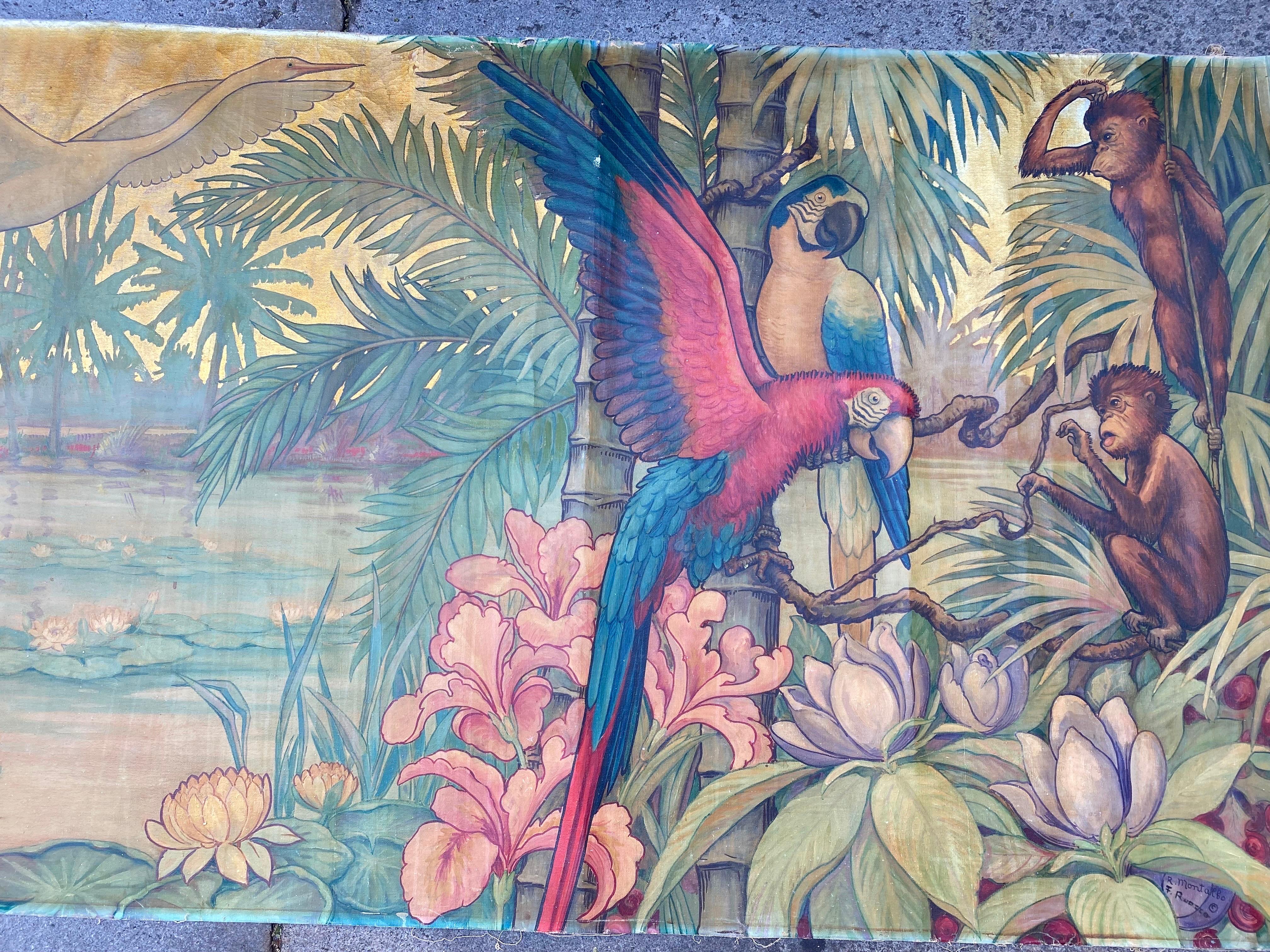 Large oil on canvas jungle scene. Probably the back bar decorations of a restaurant or bar area. Nice quality and signed bottom right corner by 2 artists. Painting has monkeys and several Tropical Birds. Some areas exhibit parts of gold paint. Edge