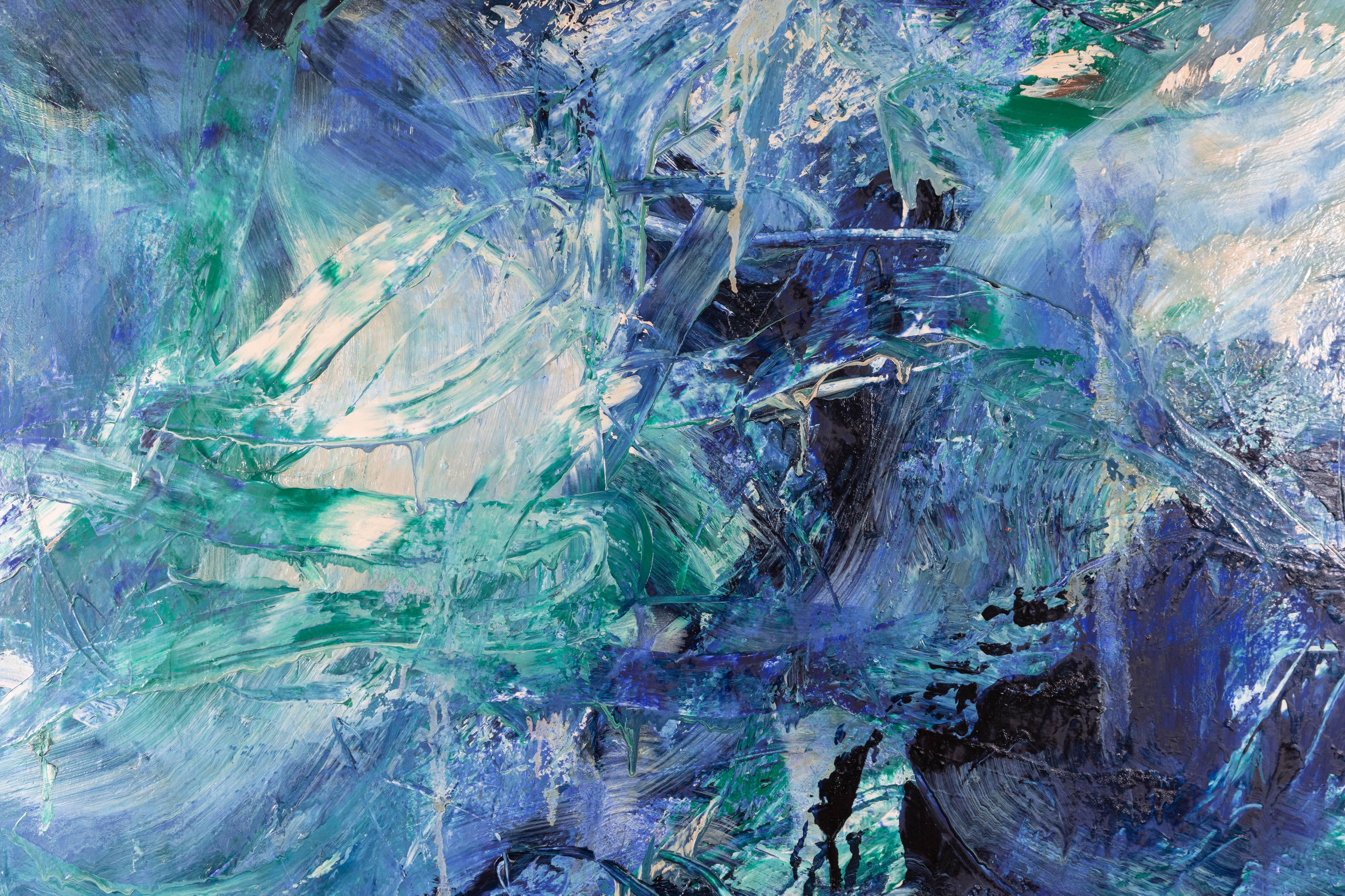 Large scale abstract painting, oil on canvas, by French painter, Dominique Dehais, 1987. Vivid blues, greens, punctuated by blacks and creams comprise the color scheme. Listed artist. Canvas has been newly mounted on new stretcher.