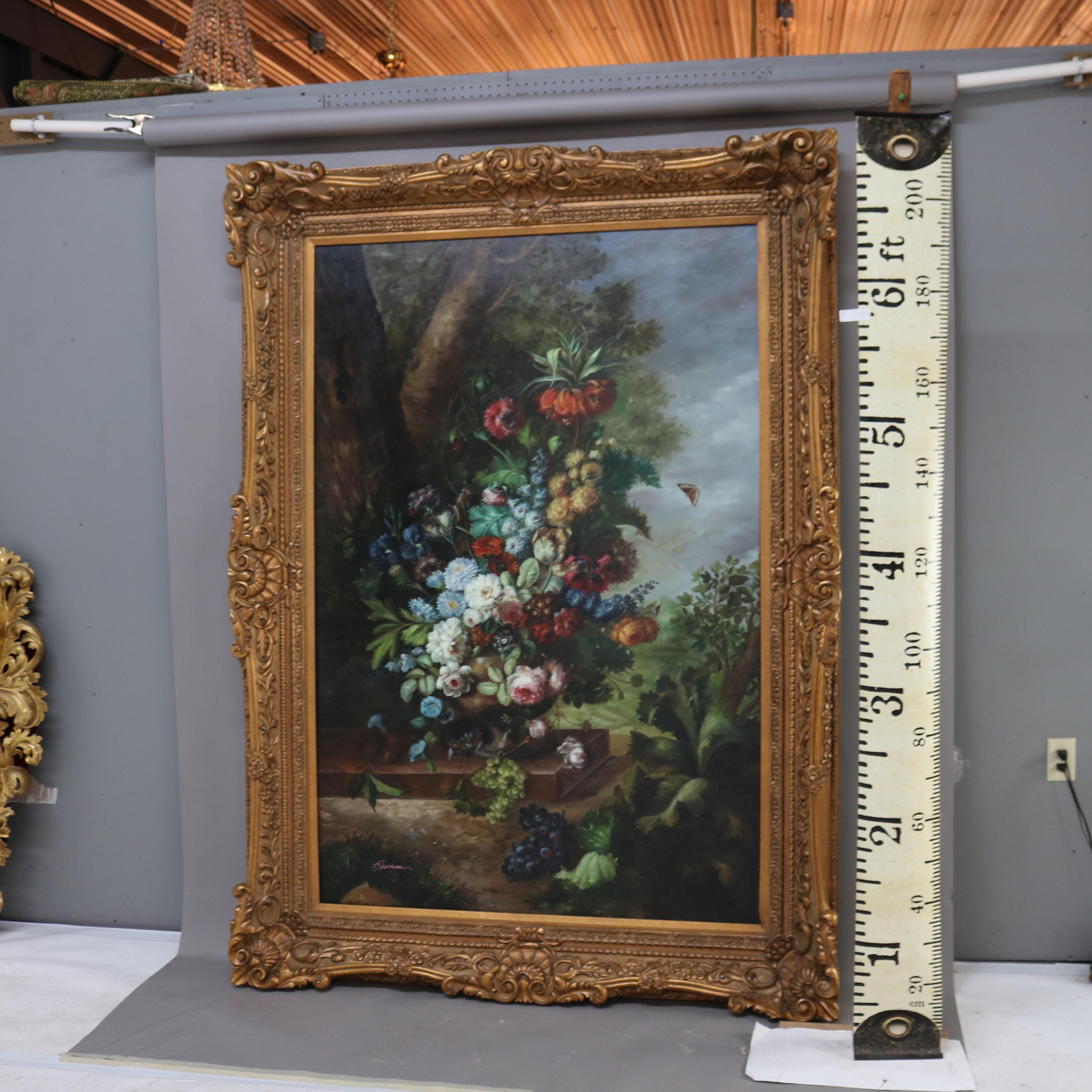 Monumental Oil on Canvas Floral & Fruit Still Life Painting Seated in Carved Giltwood Frame Signed by Sherman 20thC

Measures - 88 1/2