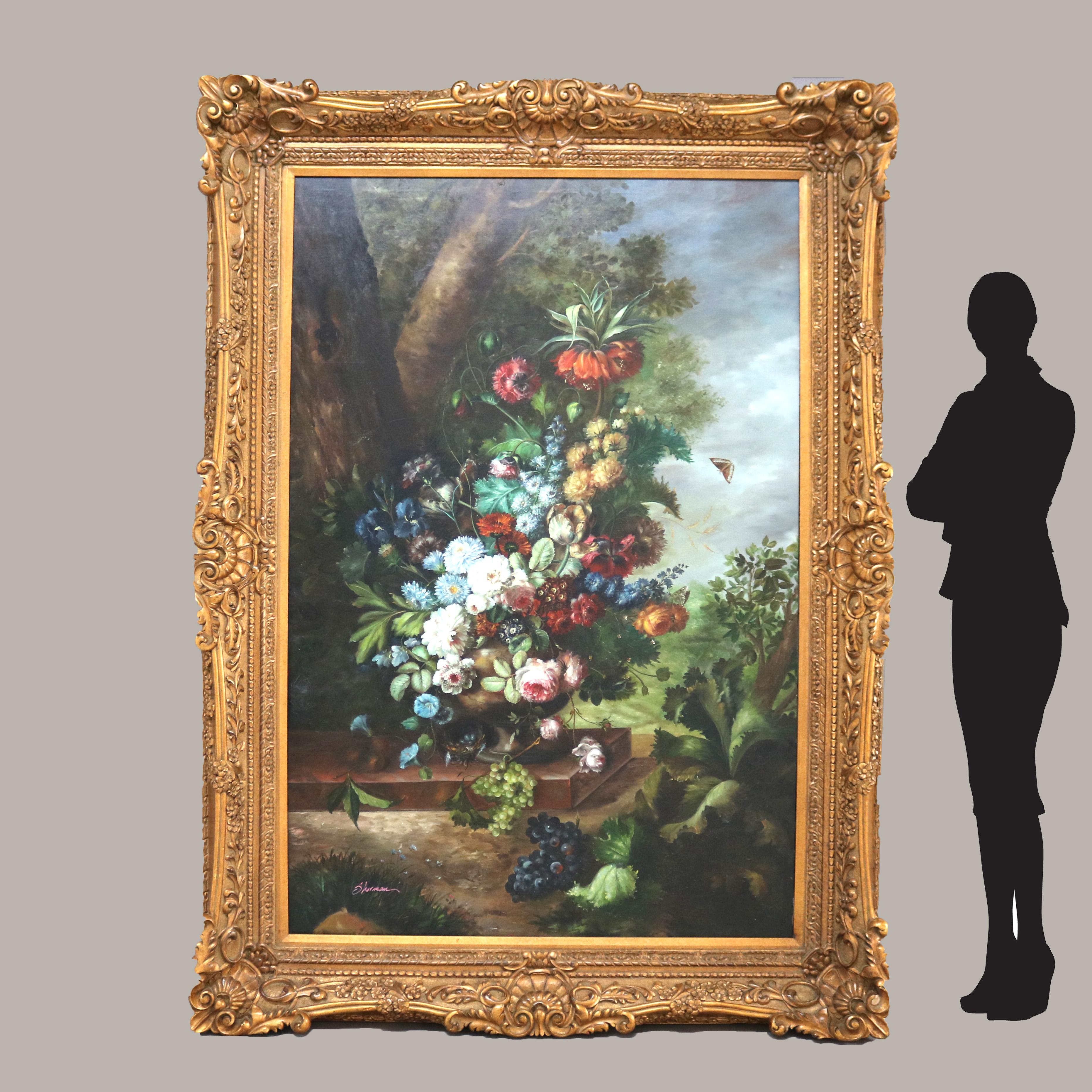 Monumental Oil on Canvas Floral & Fruit Still Life Painting by Sherman 20thC In Good Condition In Big Flats, NY