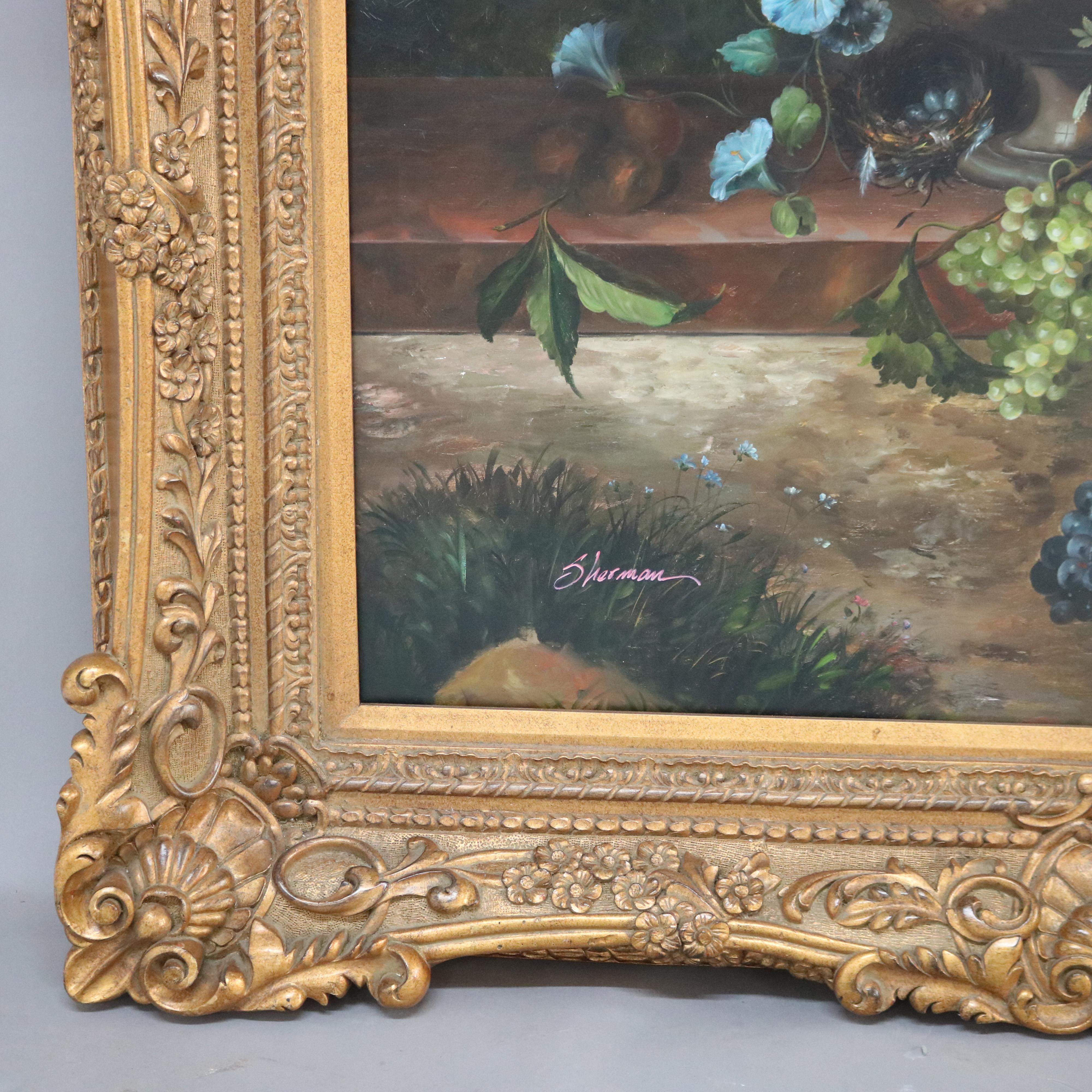 Monumental Oil on Canvas Floral & Fruit Still Life Painting by Sherman 20thC 1