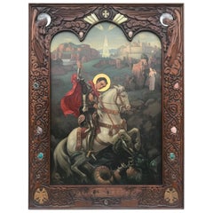 Vintage Monumental Oil on Canvas Icon, St. George, Art Deco, Russian Order, Carved Frame