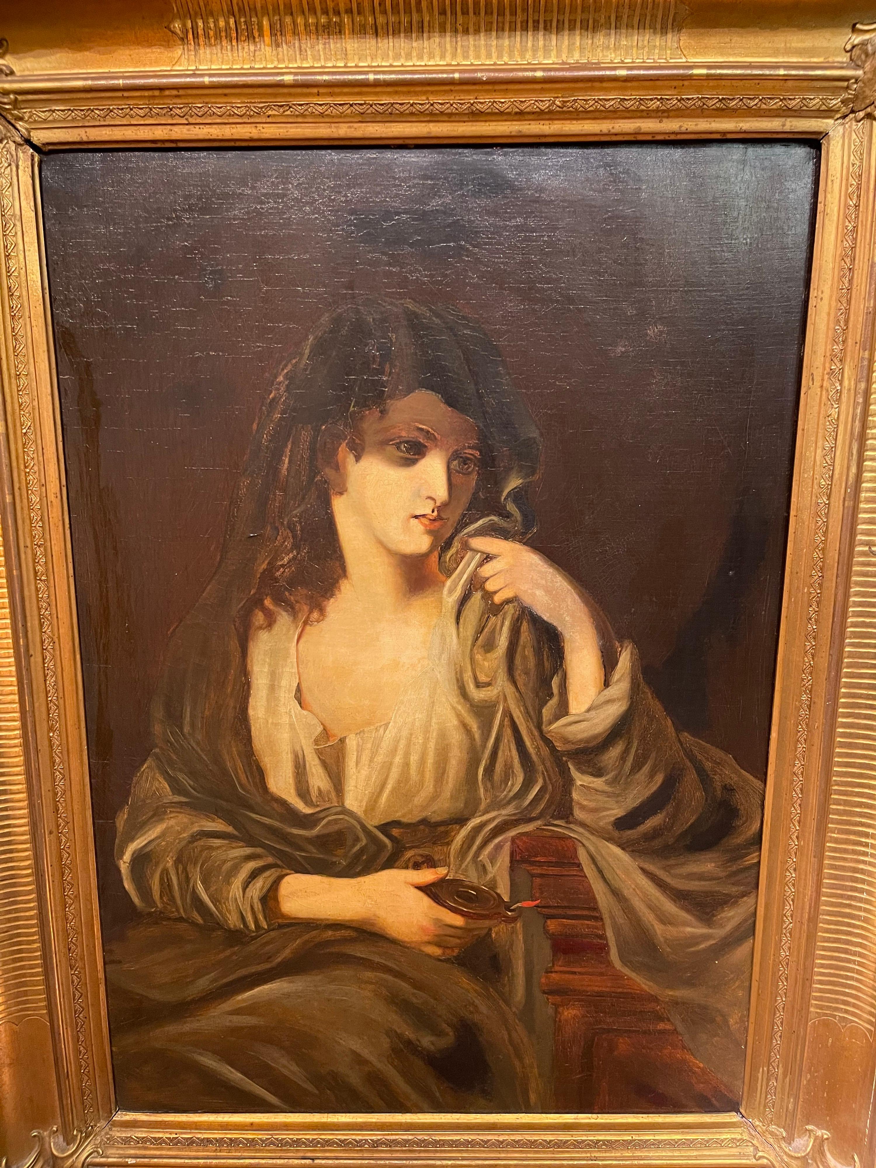 Monumental oil on canvas painting / portrait, 19th century

High quality oil painting from the 19th century. Wide gold frame. Illustration of a veiled woman in a thoughtful pose. Impressively painted paintings. Unsigned work.