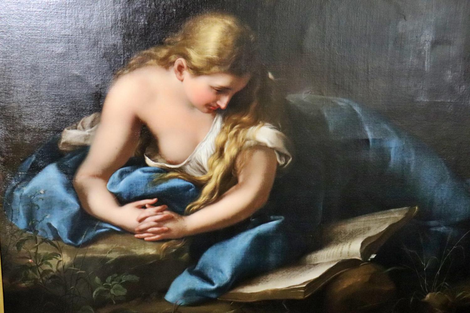 Italian Monumental Oil Painting Mary Magdalene Reading After Pompeo Batoni Circa 1870s