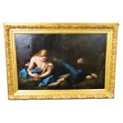 Antique Monumental Oil Painting Mary Magdalene Reading After Pompeo Batoni Circa 1870s