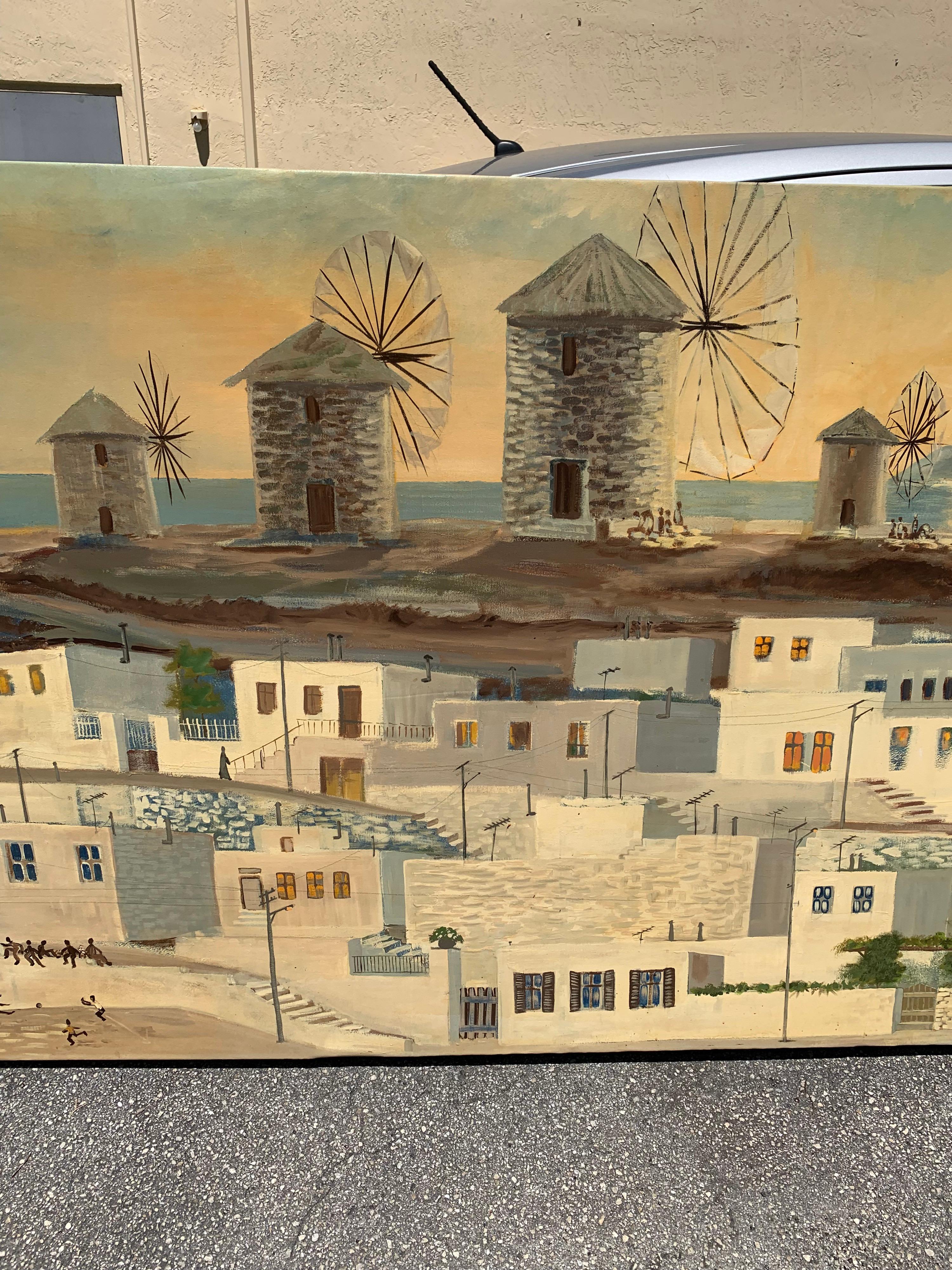 Monumental Oil Painting Mykonos Island Greece Signed By G.Tsitsilianos 1986 im Zustand „Gut“ im Angebot in Hialeah, FL